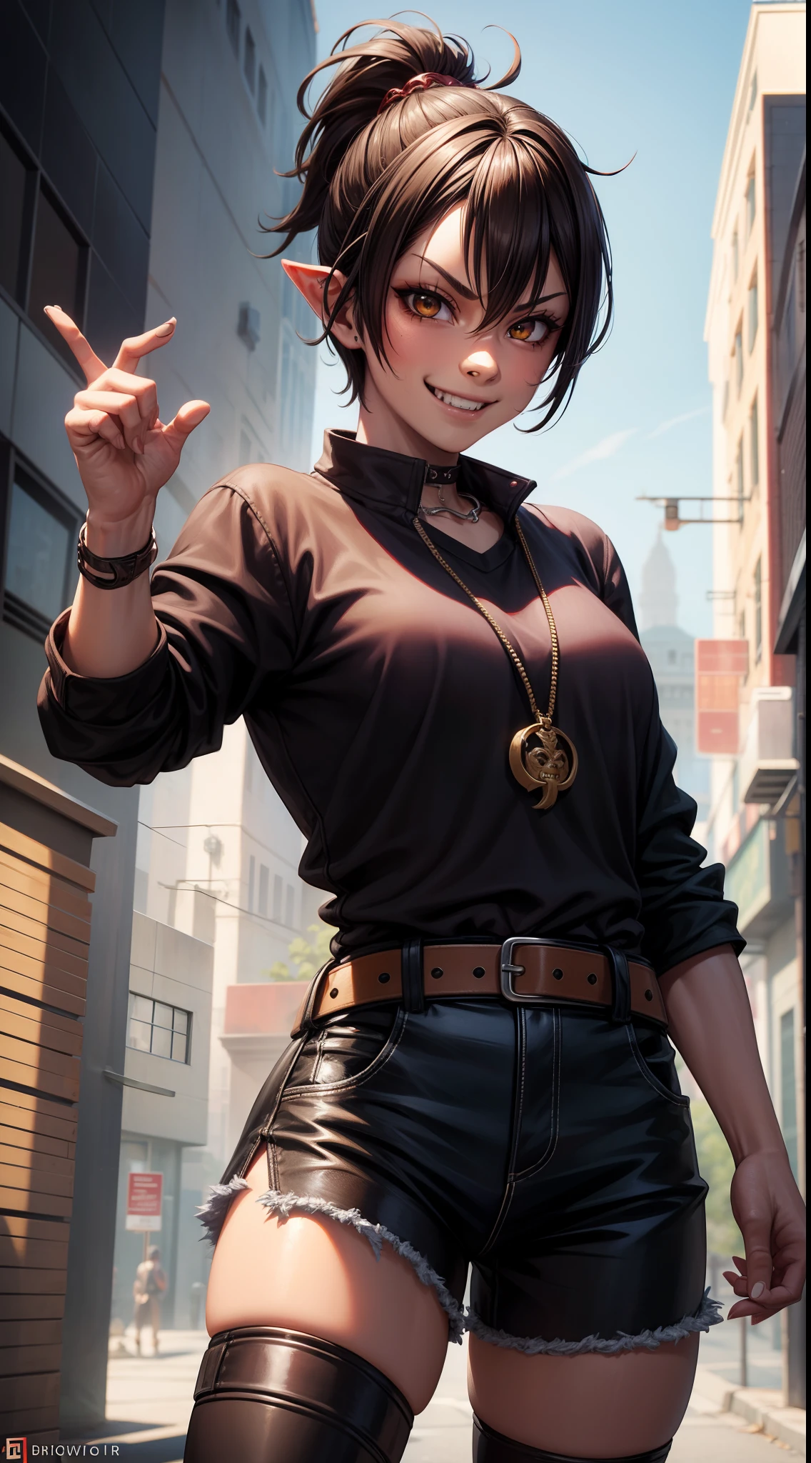 Adult woman, fangs, Orc, short brown hair, Punk hairstyle, Brown eyes, ciberpunk, The Monk of Street Fighting, brawn, smirk, Masterpiece, hiqiquality