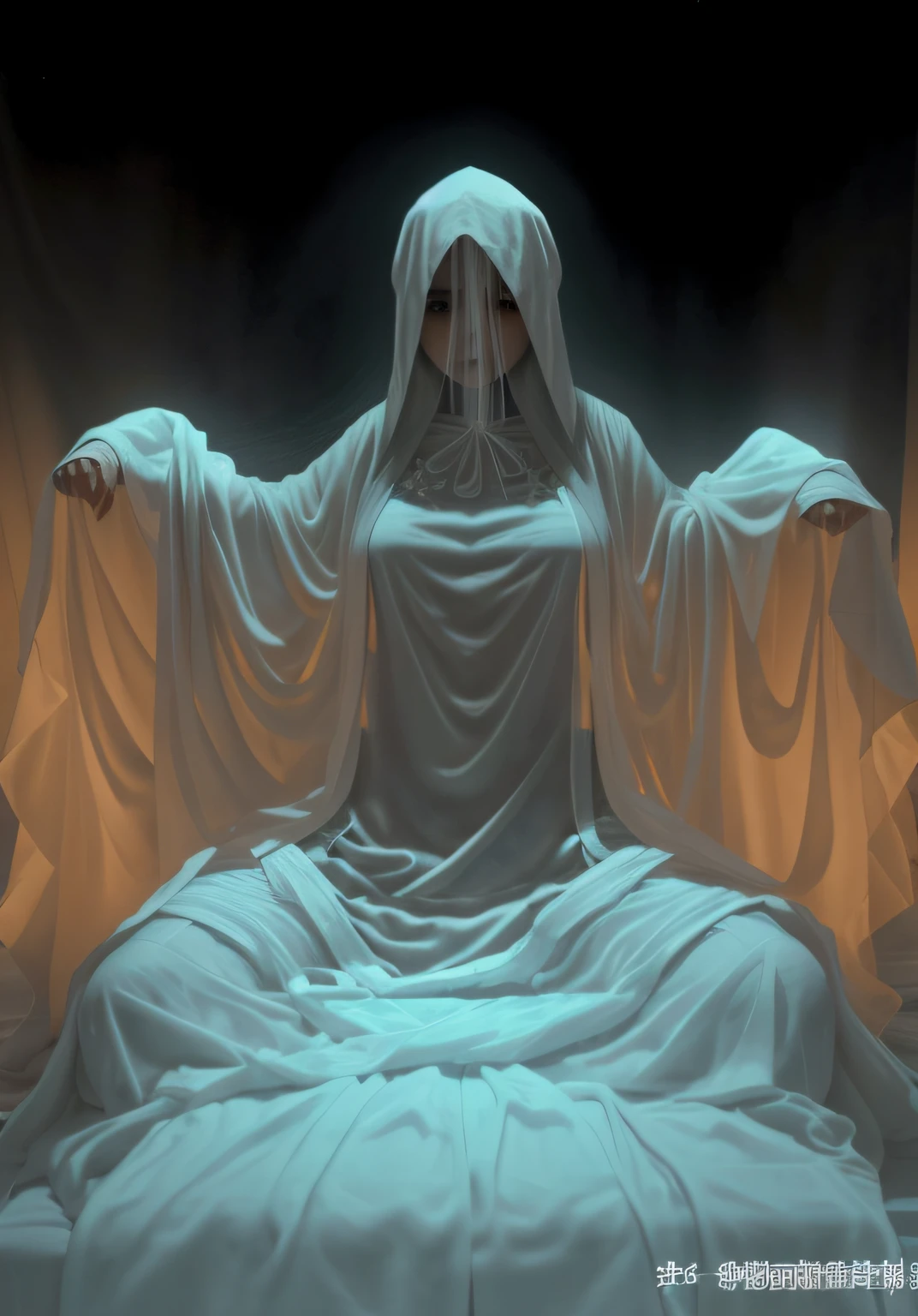 Image of Arafat sitting on bed with a ghost holding a blanket, Spirits covered in drapery, shrouded figure, cloaked woman, Flowing white robe, Flowing robes, Cloaked, fully covered in drapes, covered in robes, wearing a long flowing robe, surreal hooded figure, draped in transparent cloth, robed, halloween ghost under a sheet