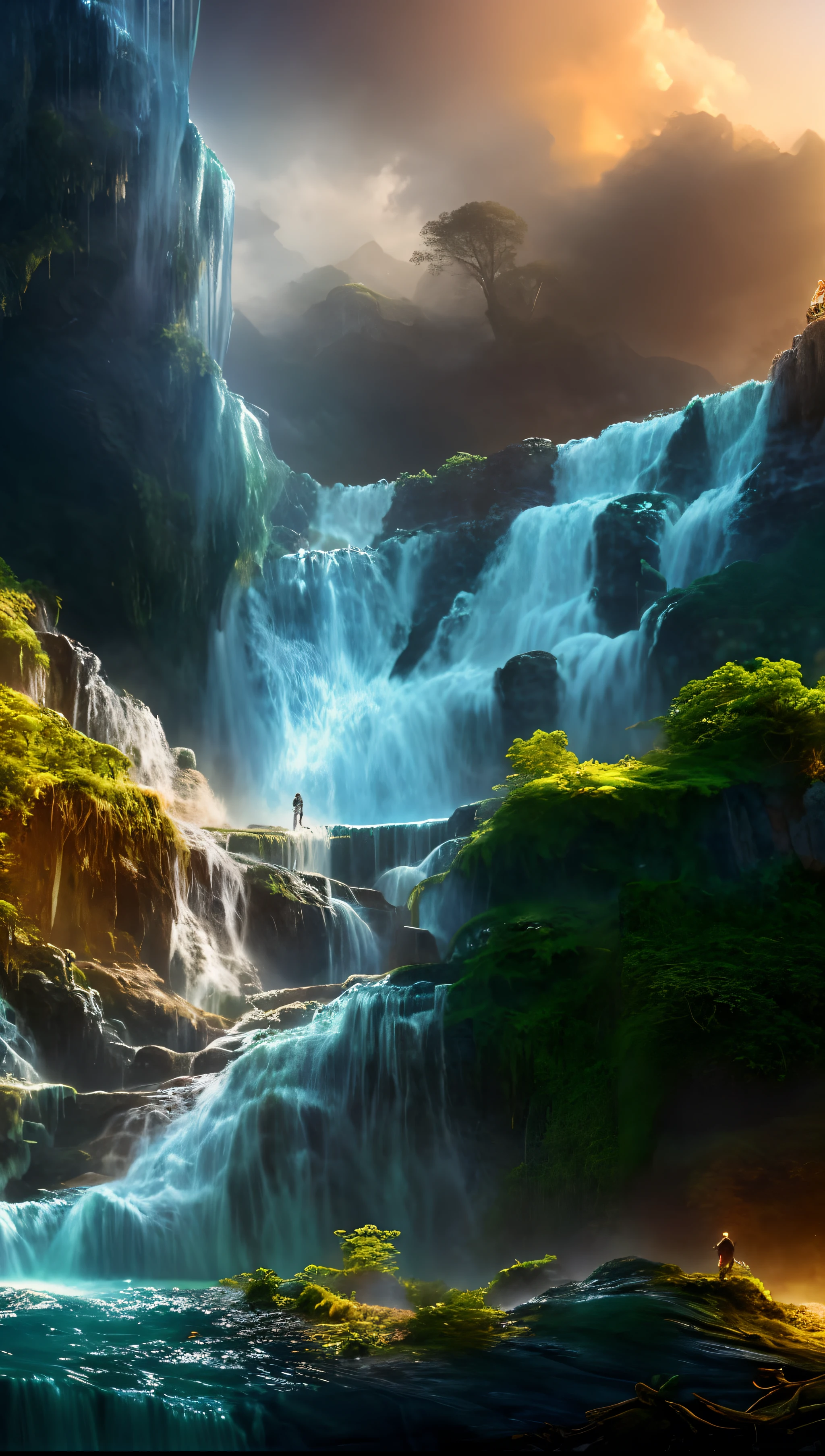 Waterfall in the middle of the forest with man standing on rocks, huge waterfall, stunning waterfall, Alien Falls, floating waterfalls, an endless waterfall, beautiful stunning waterfall, huge waterfall, amazing wallpapers, breathtaking fantasy art, impressive fantasy landscape, high waterfall, stunning digital painting, Waterfall background, huge waterfall, Waterfall Wall, Waterfall of the ancient monument, beautiful wallpaper