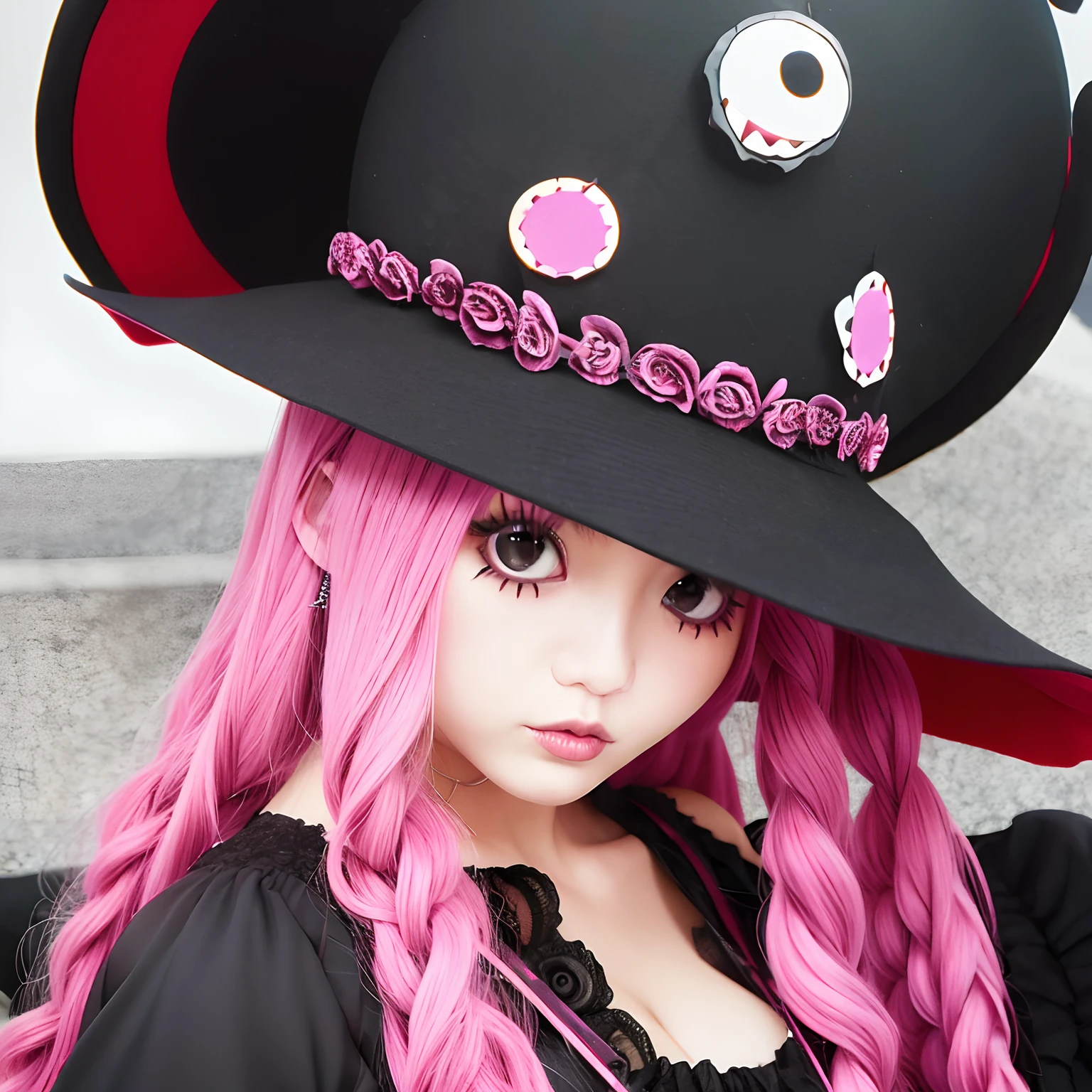 One woman、big eye、Black big hat、onepiece、Perona、Perotan、Pink-haired girl、Curly hair、Gothic lolita、Stuffed bear full of wounds