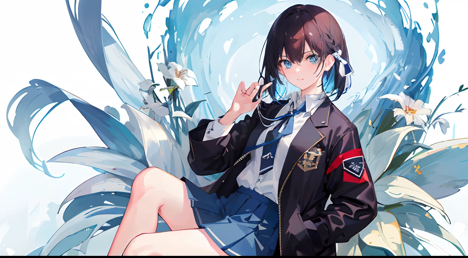 ((top-quality)), ((tmasterpiece)), ((ultra - detailed)), (Extremely Delicately Beautiful), Girl vs, 独奏, Cold attitude,((Black jacket)),She is very(Relax)with the(Settle down)looks,brunette color hair, depth of fields,evilsmile,Bubble, Under the water, airbubble,bright light blue eyes,inner colored,Light blue hair and dark blue ends,Cold background,Bob Hair - Linear Art, shorter pants、knee high socks、A white uniform like a school uniform、Light blue ribbon ties、Clothes are sheer、Hands in pockets