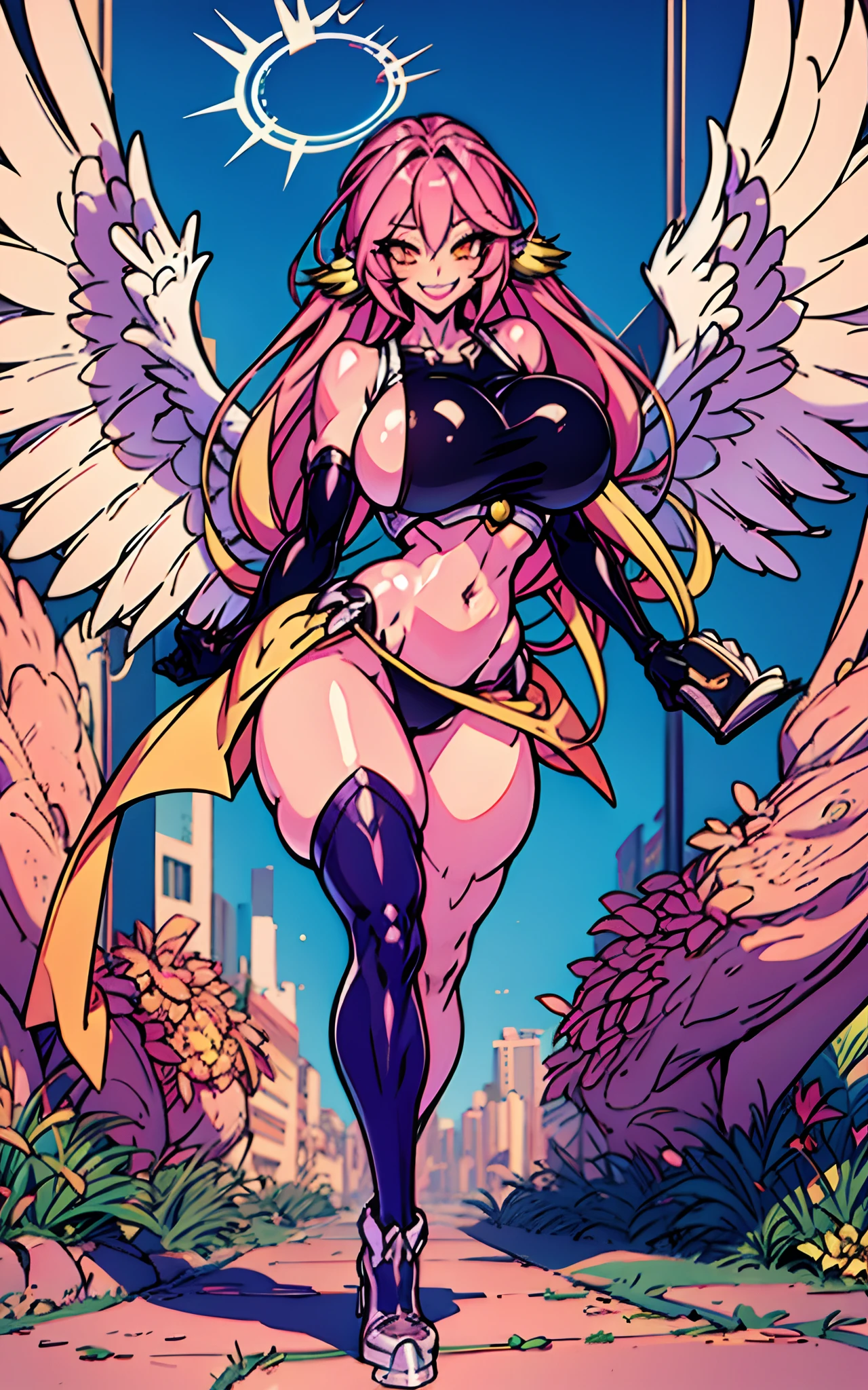 jibril 1girl, solo, long hair, breasts, sideboob, halo, pink hair, pink stocking, low wings, compass rose halo, wings, navel, book, gloves, bird ears, midriff, magic circle, asymmetrical legwear, angel, angel wings, animal ears, very long hair, yellow eyes, white wings, large breasts, mismatched legwear, single shoe, feathered wings, orange eyes, shoes, multicolored eyes, thighhighs, crop top, cross, multicolored hair, gradient hair, looking at viewer,, smile ,walking