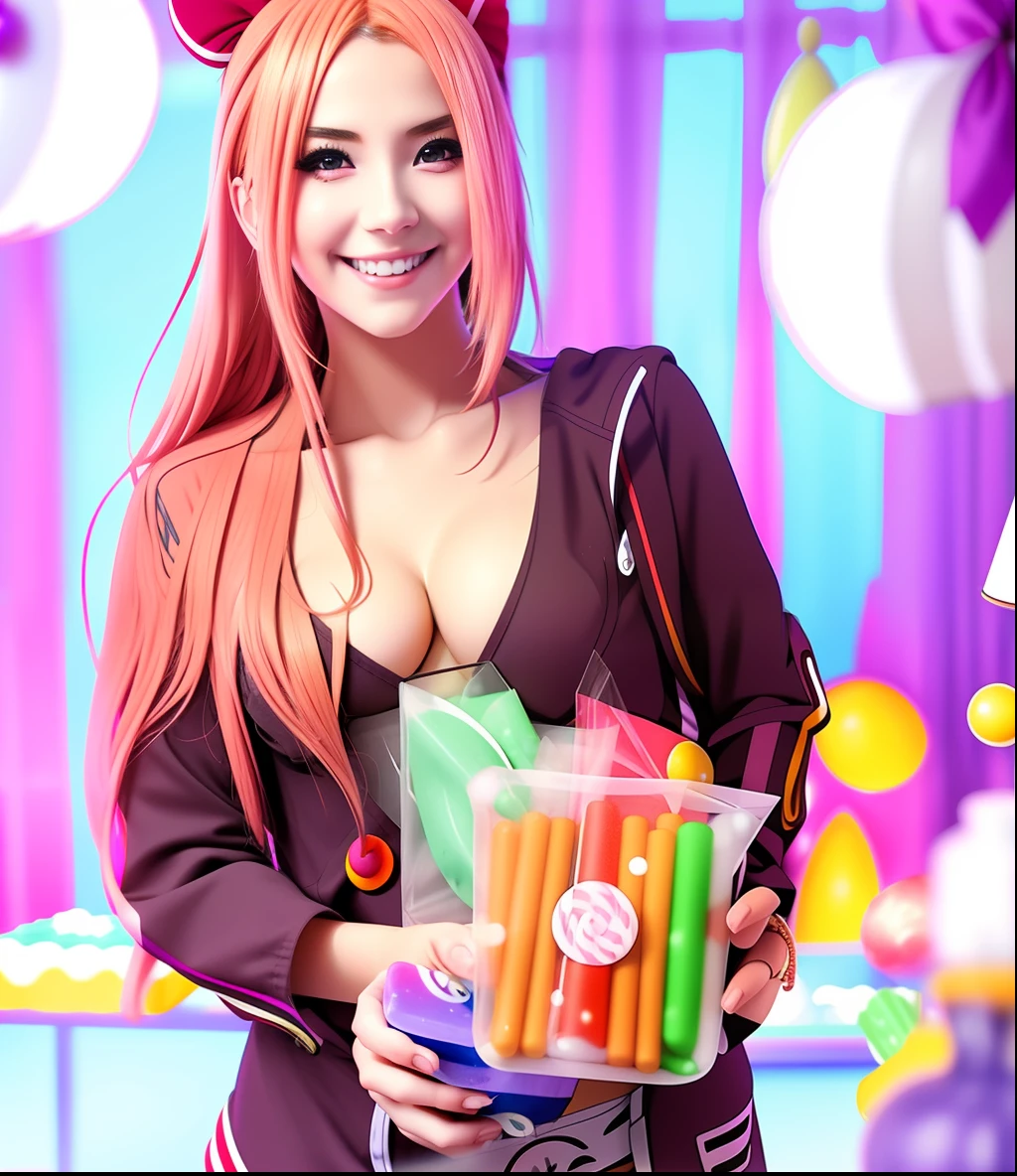 An anime character of a young woman showing off a candy.