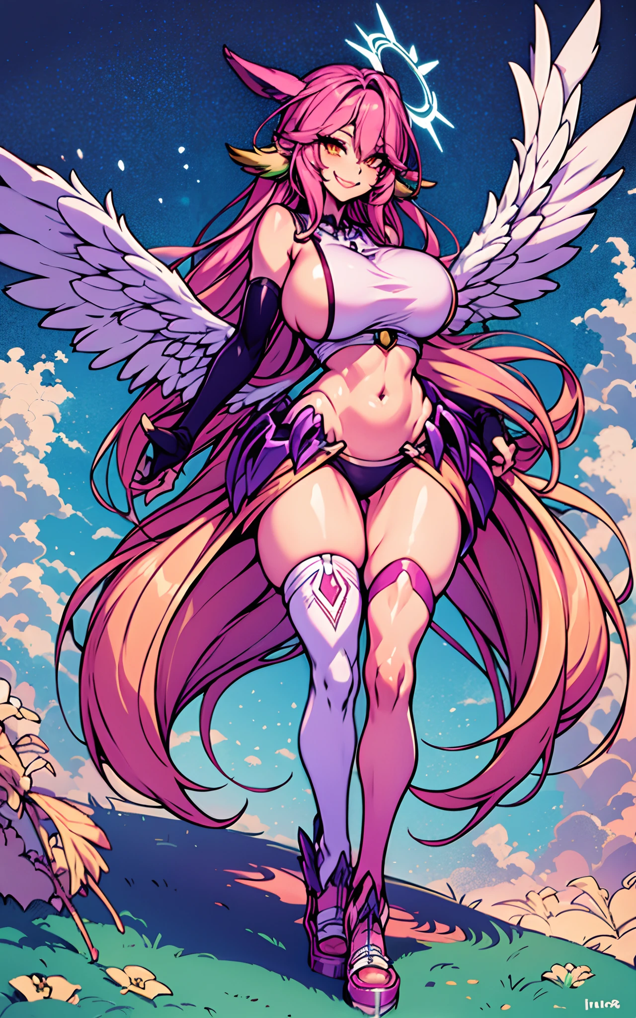 jibril 1girl, solo, long hair, breasts, sideboob, halo, pink hair, pink stocking, low wings, compass rose halo, wings, navel, book, gloves, bird ears, midriff, magic circle, asymmetrical legwear, angel, angel wings, animal ears, very long hair, yellow eyes, white wings, large breasts, mismatched legwear, single shoe, feathered wings, orange eyes, shoes, multicolored eyes, thighhighs, crop top, cross, multicolored hair, gradient hair, looking at viewer,, smile ,walking