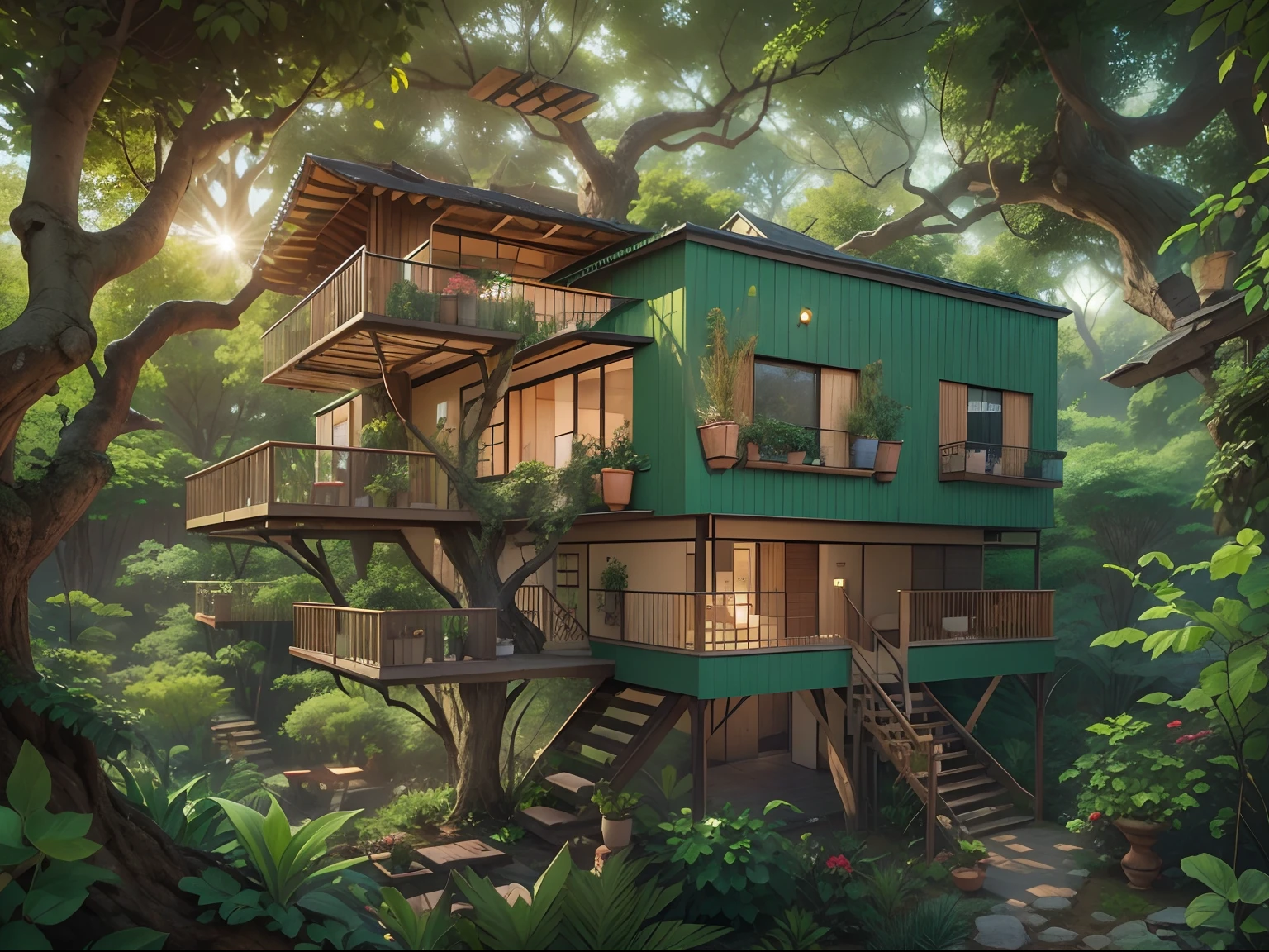 casa aconchegante, high up in a tree, with a glazed balcony from where you can enjoy a beautiful view, like a sunset
The interior would have comfortable and clean furniture, com uma lareira e estante com meus livros favoritos.
As paredes externas e telhado seriam cobertos por plantas, desde trepadeiras a um pequeno jardim. This would bring life to the little house in the tree.
Haveria um deck ao ar livre