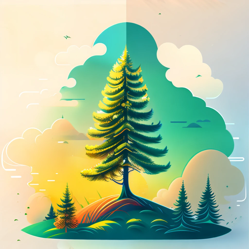 A spruce tree in springtime, t-shirt design, rzminjourney, vector art,full of life,sunraise,4K, high details, high quality