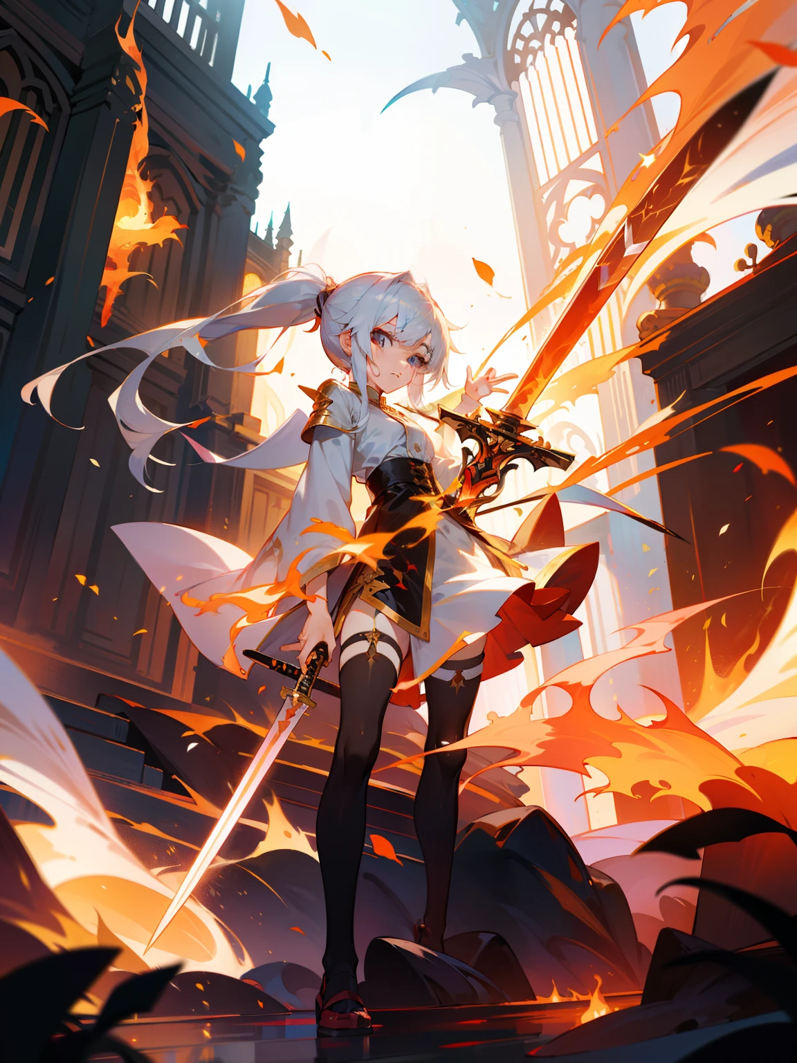 Masterpiece, Best quality, Detailed face, Extremely detailed, style of anime，Manhwa Style，Take a sword，Waving，Fire effects，Flame Sword，White-haired loli，The right side is tied with a ponytail，white  clothes，Knee-length skirt，black lence stockings