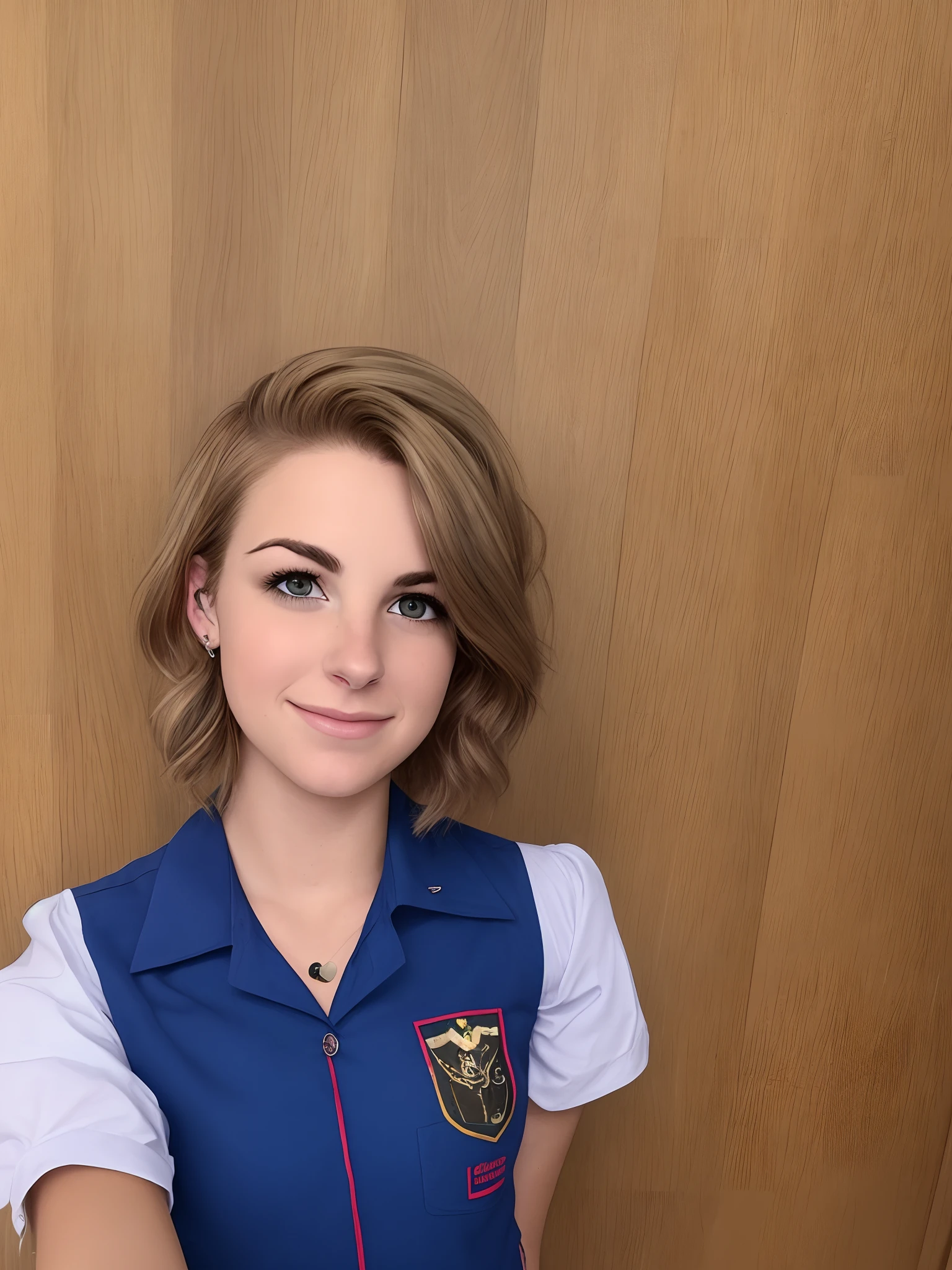 Joven chica con pelo corto con uniforme de profesora