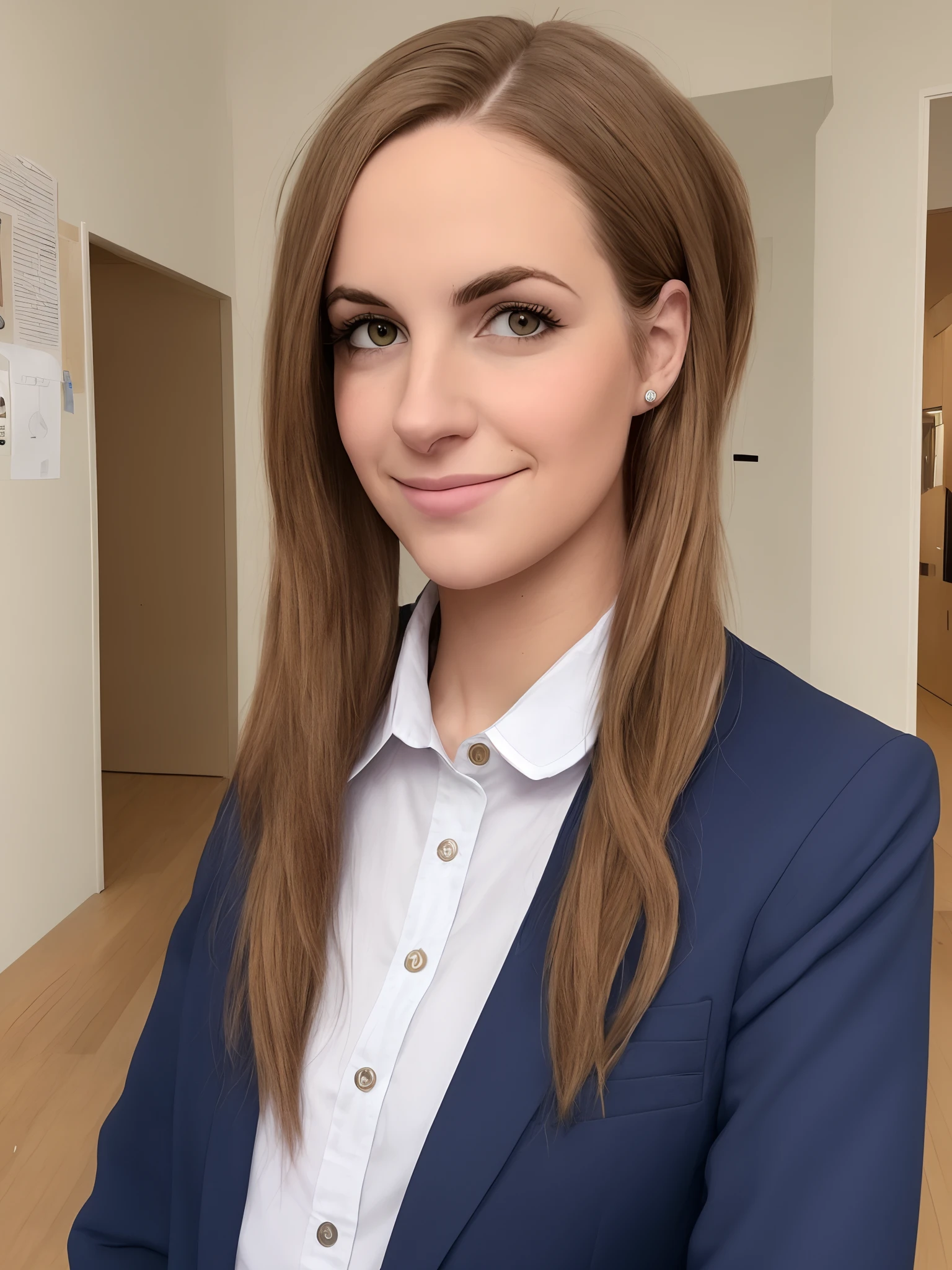 Joven chica con pelo corto con uniforme de profesora
