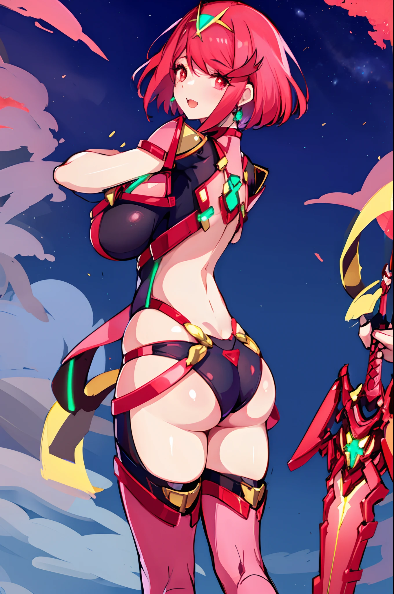 pyra \(xenoblade\), _1girl, armor, bangs, black gloves, breasts, red eyes, closed mouth, earrings, eyelashes, fingerless gloves, floating hair, framed breasts, gem, gloves, hair ornament, headpiece, jewelry, big_breasts, leaning back, leotard, neon trim, official art, pose, red hair, red shorts, saitou masatsugu, short hair, short shorts, short sleeves, shorts, sidelocks, skin tight, solo, standing, swept bangs, thighhighs, tiara, night_prairie_background, turtleneck, underbust, vambraces, xenoblade chronicles \(series\), (xenoblade chronicles 2), apart_legs, fire_effect,dynamic_pose,fighting,light_smile, (plump:1.1), big_ass,huge_sword, hold_large_sword_hilt, solo, covered_nipples, covered_pussy,open_mouth,back_view, fists,