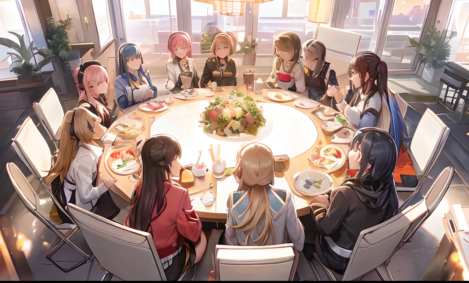 There are many people sitting around a table eating together, from girls frontline, anime party of friend of wisdom, Kawasi, girls frontline style, girls frontline universe, Girls Frontline CG, at a dinner table, Artgerm and Atey Ghailan, ( ( Makoto Shinkai ) ), From Arknights, Guviz-style artwork, Family dinner