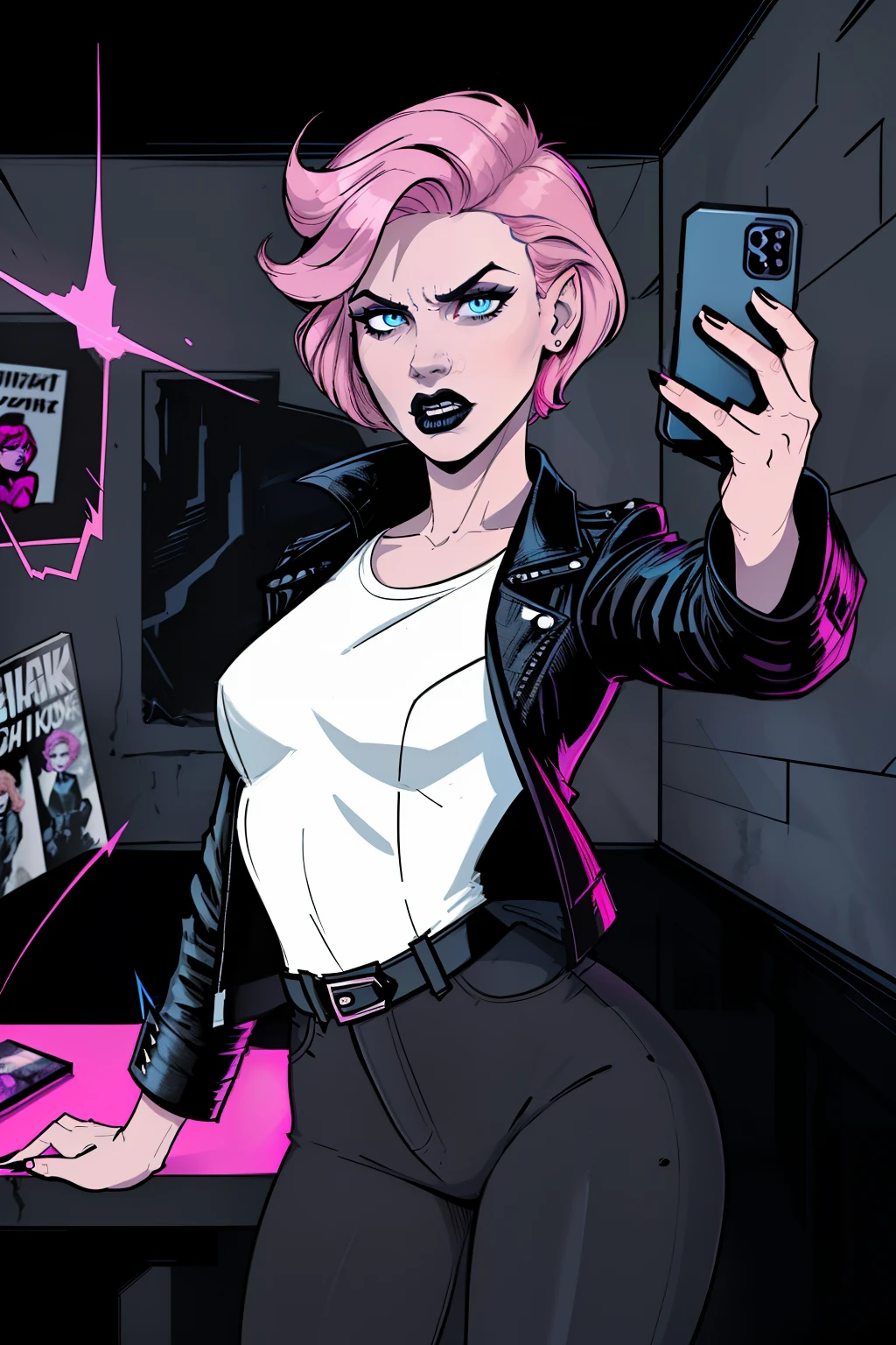 selfie, closup face of a woman, inside a dark room, dark wall in background, pale blue eyes, detailed short pink hair Short Side Comb haircut, angry expression, black lipstick, small tits, wearing a leather jacket, black pants, shirt, white shirt, comic book style, flat shaded, prominent comic book outline linework