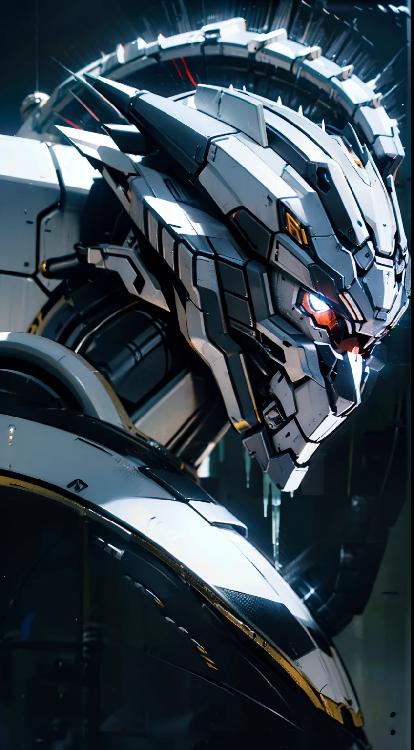Close-up of robot type artwork on black background, well armored mech dragon, anime large mecha robot, pterodactyl mecha, concept art of omegamon, giant anime mecha, cool mecha style, sliver ice color reflected armor, modern mecha anime, with robot dragon head, From Arknights, mecha anime