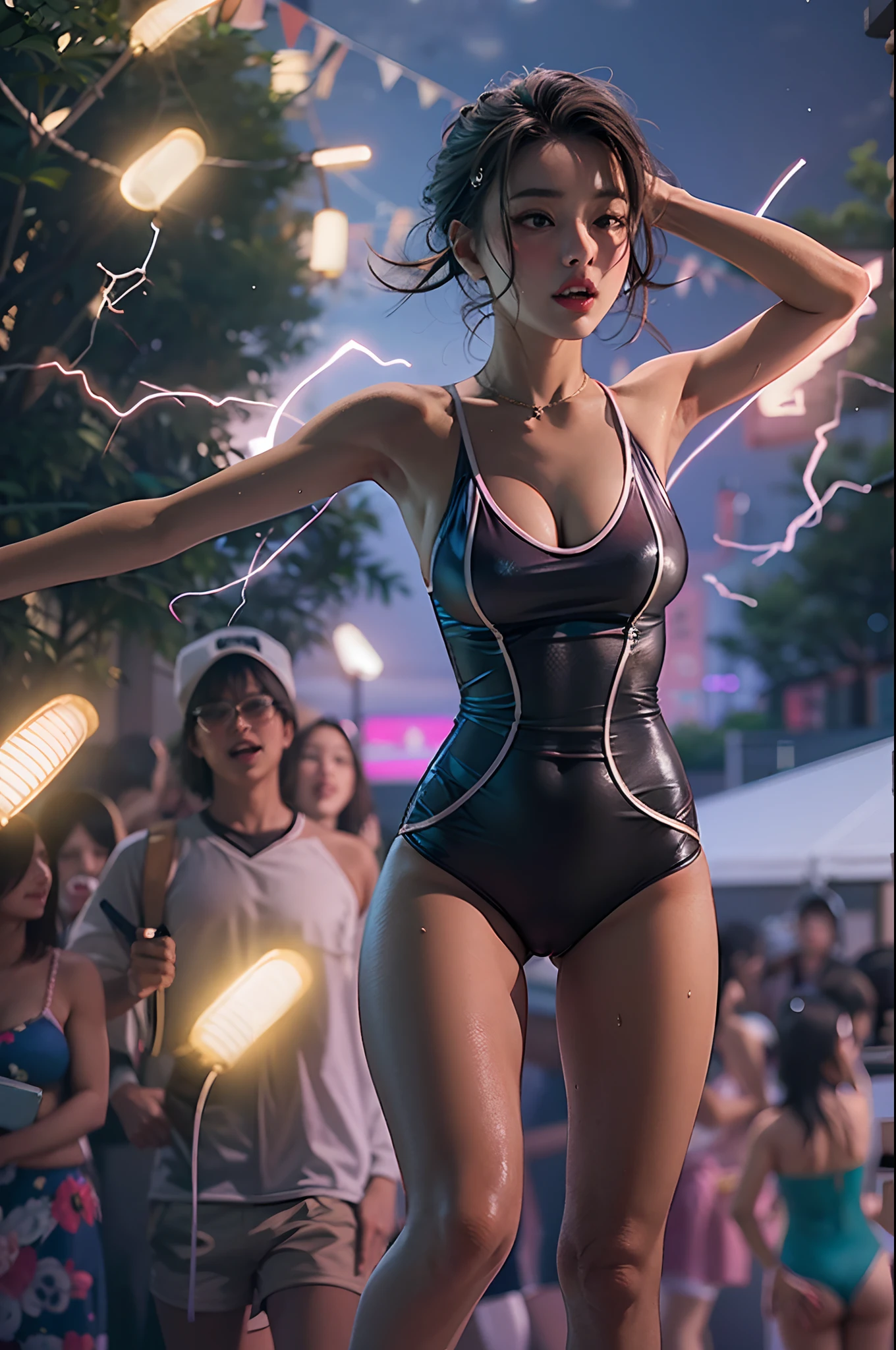 1girl, super beautiful girl, dream girl, wearing a one piece swimsuit, ulzzang, dancing, in the background a party, lightning in the sky, ultra details, ultra realistic, cinematic , octane render, 16k