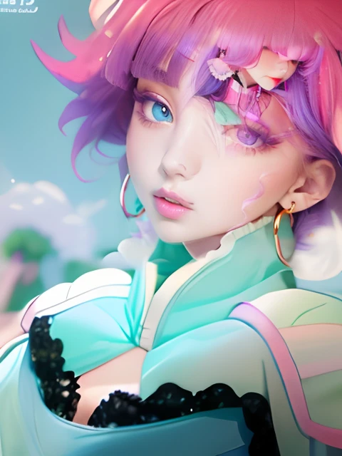 Raised eyebrows、Purple drooping sexy eyes、Sexy lips in dark pink color、Mint green long-sleeved clothes、Big purple drooping eyes with arched eyebrows and pink short splashed hair,,,,、White shoulder pads、Blue bustier and black lace、Gold Earrings、Girl in mint green clothes with open chest