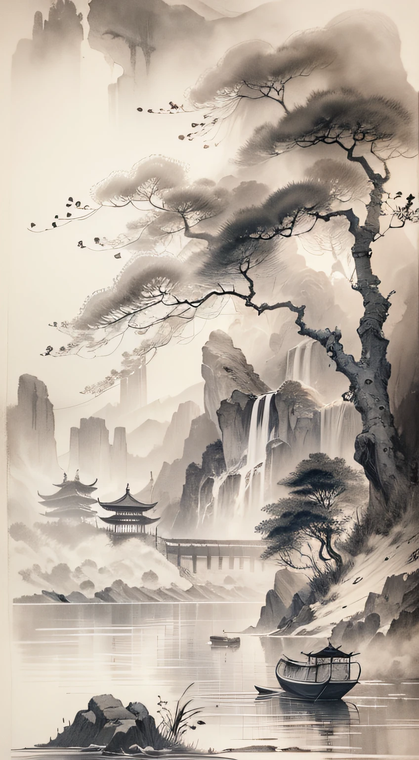 ink and watercolor painting,Draw on rice paper,Use thick and light ink to create shading variations and layers,Choose the right ink color,Such as deep black、Thick gray、Light coffee, etc,Express different situations and atmospheres,Control the gradient and transition of ink color by the humidity and consistency of the ink,mont,Eau,the trees,Lake surface,Small broken boat,Bleak, Desolate, Solitude,Black and white tones,dead tree, Traditional Chinese Ink Painting, Traditional Chinese art, author:Guo Xi, author:Ma Yuanyu, Traditional Chinese painting, author:Xu Xi, author:Luo Mu, author:Yang Buzhi, author:Li Kelan, author:Gu An, Ink painting ) ) ) ), Chinese ink painting, Chinese painting style