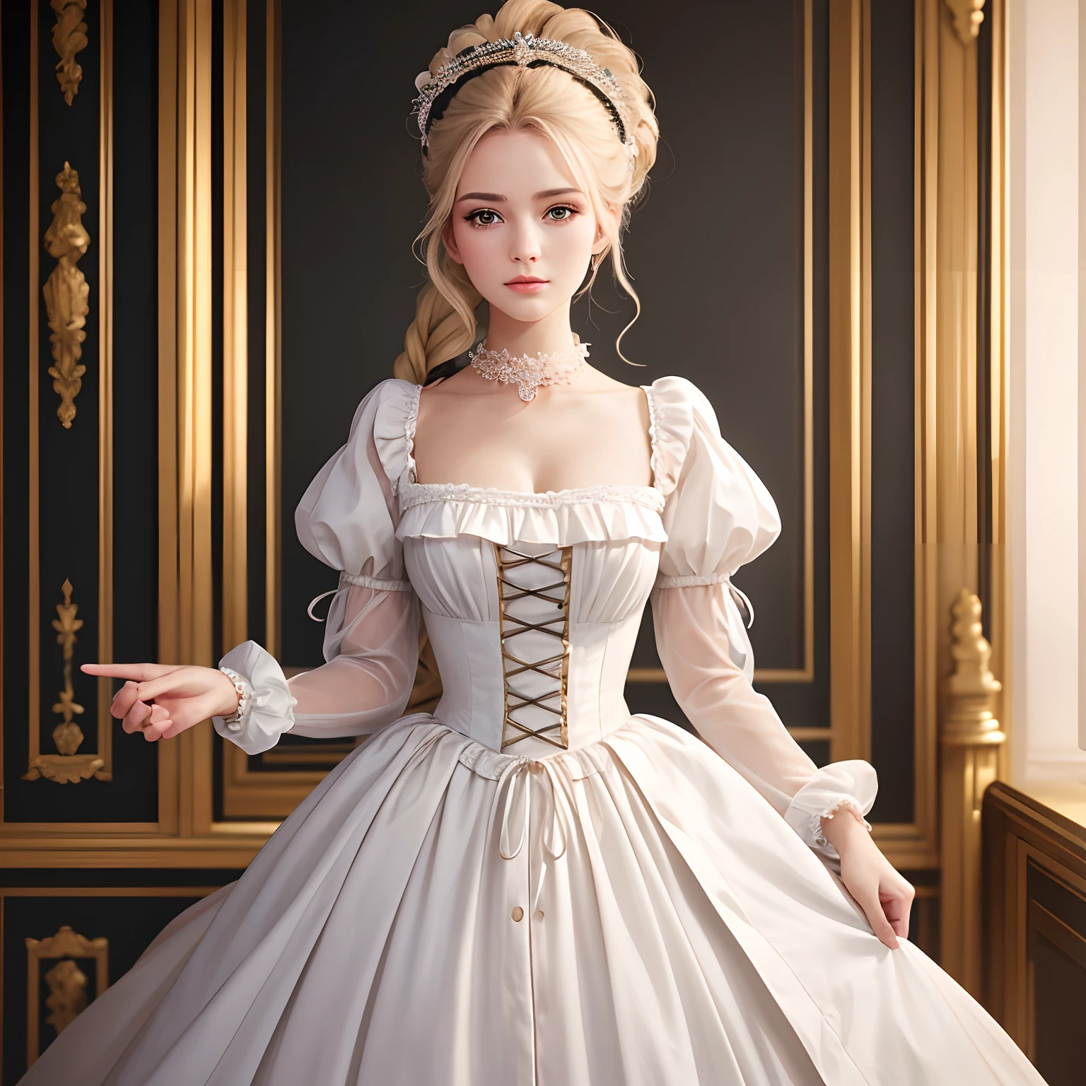 top-quality(Highest Quality) , High quality(hiquality) etc ○○ detailed – ○○ details ultra detailed(Ultra-fine ) , Extremely detailed(Extremely detailed) , Finely detailed(Fine-grained) etc ○○ res – ○○ resolution ultra high res(超A high resolution) , very high res(hight resolution) etc Realistic – Realistic Photorealistic – photorealistic beautiful – beautiful 4k , 8K , 16K – 4K image quality , 8K , 16k distinct – clearly Best Aesthetic – Supremely Aesthetic ,Marie Antoinette,Palace of Versailles,medieval times,ue,((1girl in)),up hairstyle,French dress,((Ankle-length long dress)),rokoko,pannier,hoop skirt,Perfect fingers
