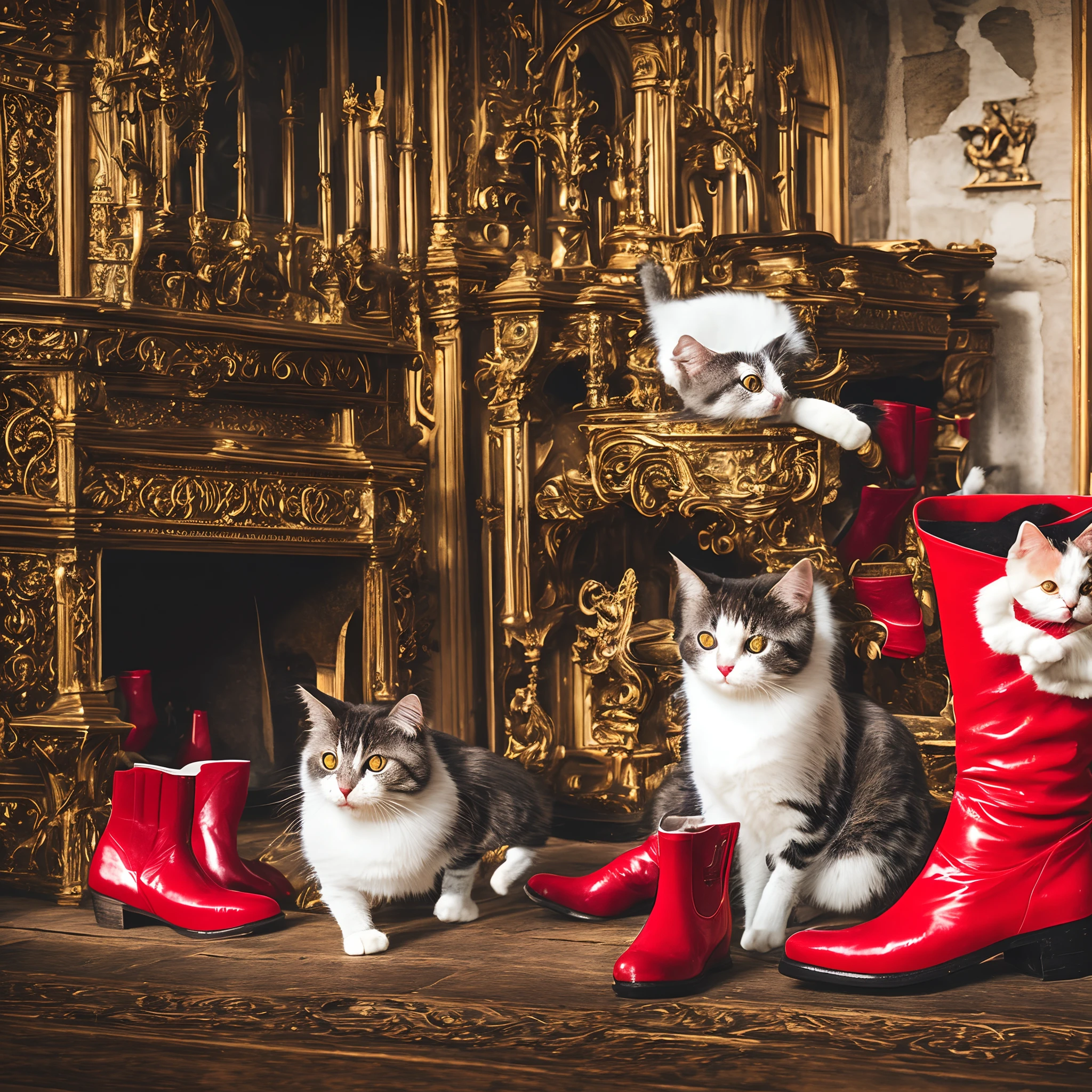 Animal cat in red boots in a medieval palace playing a grand piano during the day