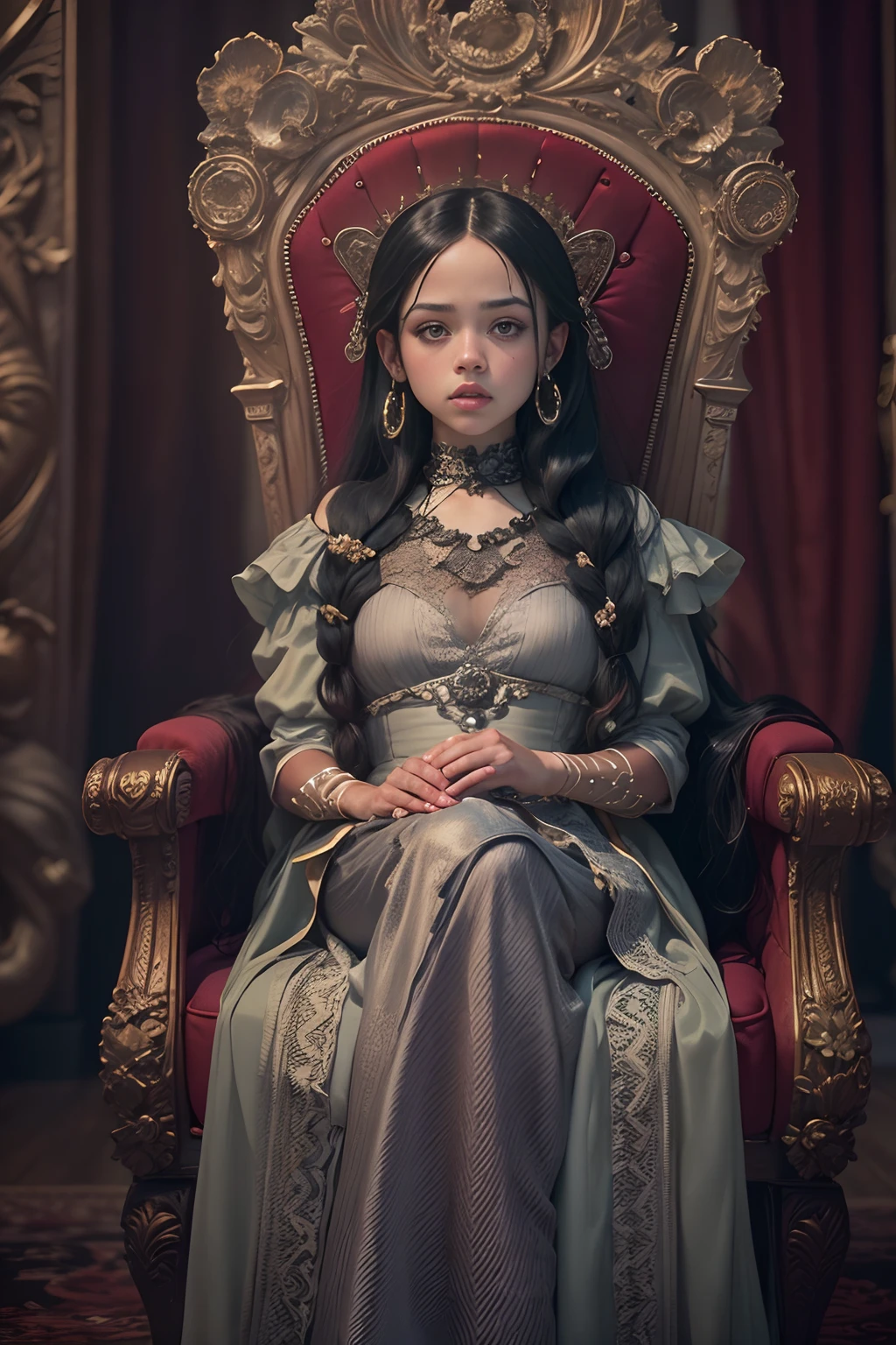 (cbzbb:1.25),sexzy wednesday as Jenna Ortega, The Addams Family, thing hand on her shoulder,full body view, very horror background.1female, 8k, hdr effect,glory goddess sitting in queen chair