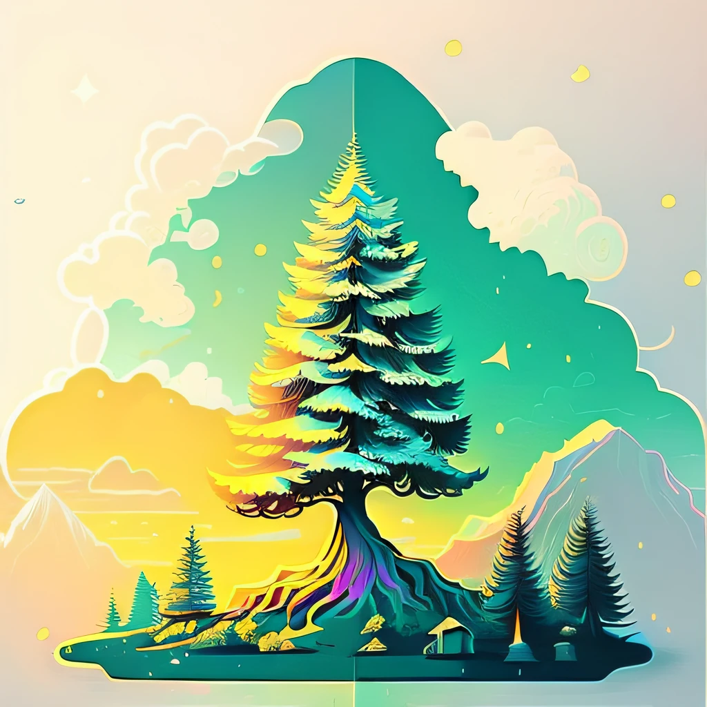 There is a picture of a tree on the mountain,In the background are the sky, beautiful pine tree landscape, A beautiful artwork illustration, low details. Digital painting, Stylized digital illustration, Landscape illustration, in style of digital illustration, Detailed 2D illustration, 2d matte illustration, stylised painting, symmetrical fantasy landscape, Vector Behance HD Jesper Ejsing, procreate illustration