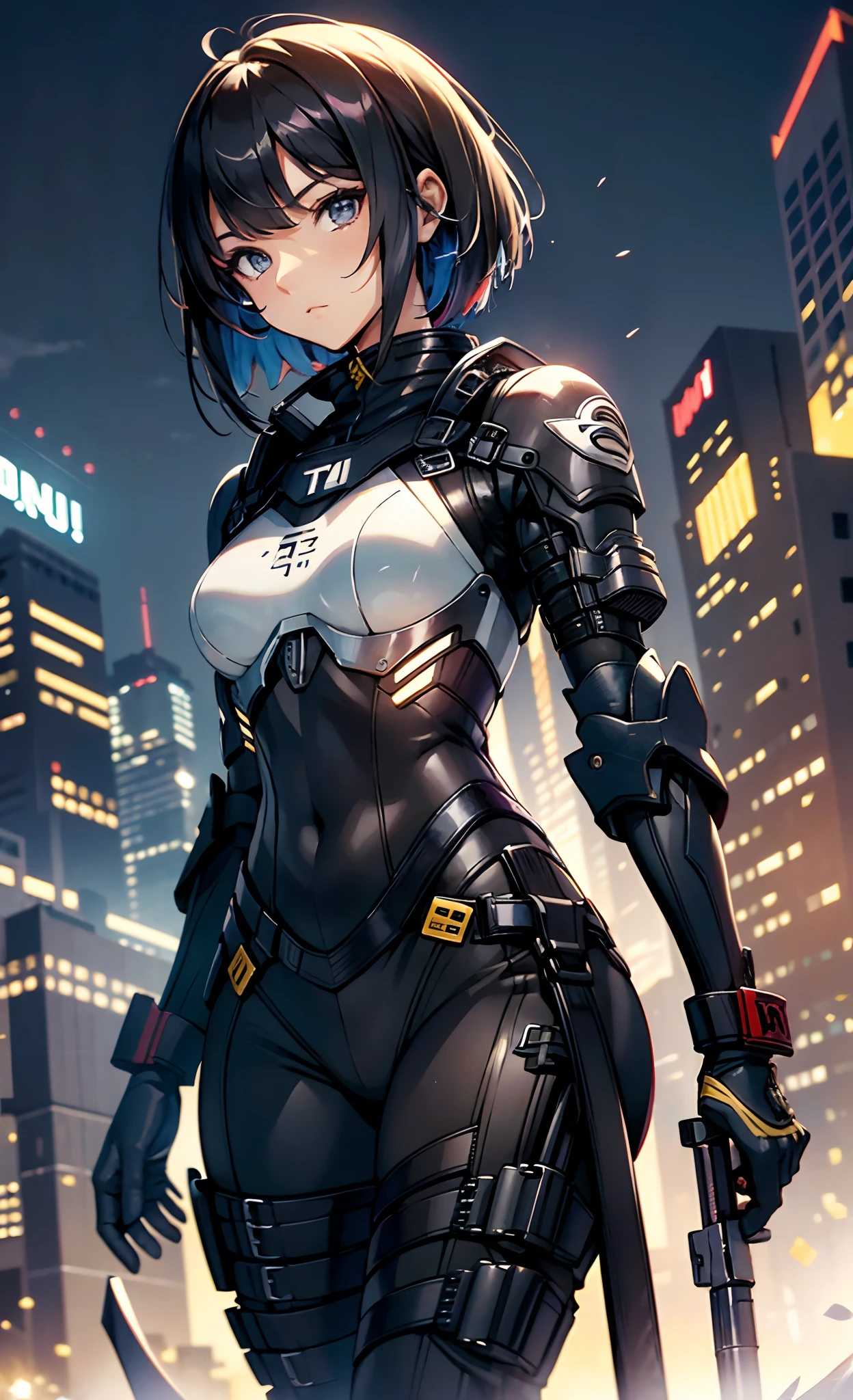 best qualityer,tmasterpiece,Ultimate resolution,downy,Extremely colorful,Colorful,Women combatants,a matural female,Black super short hair,holding gun,Tight combat suit,tightsuit,Steel City background,the night,Normal posture,Normal posture