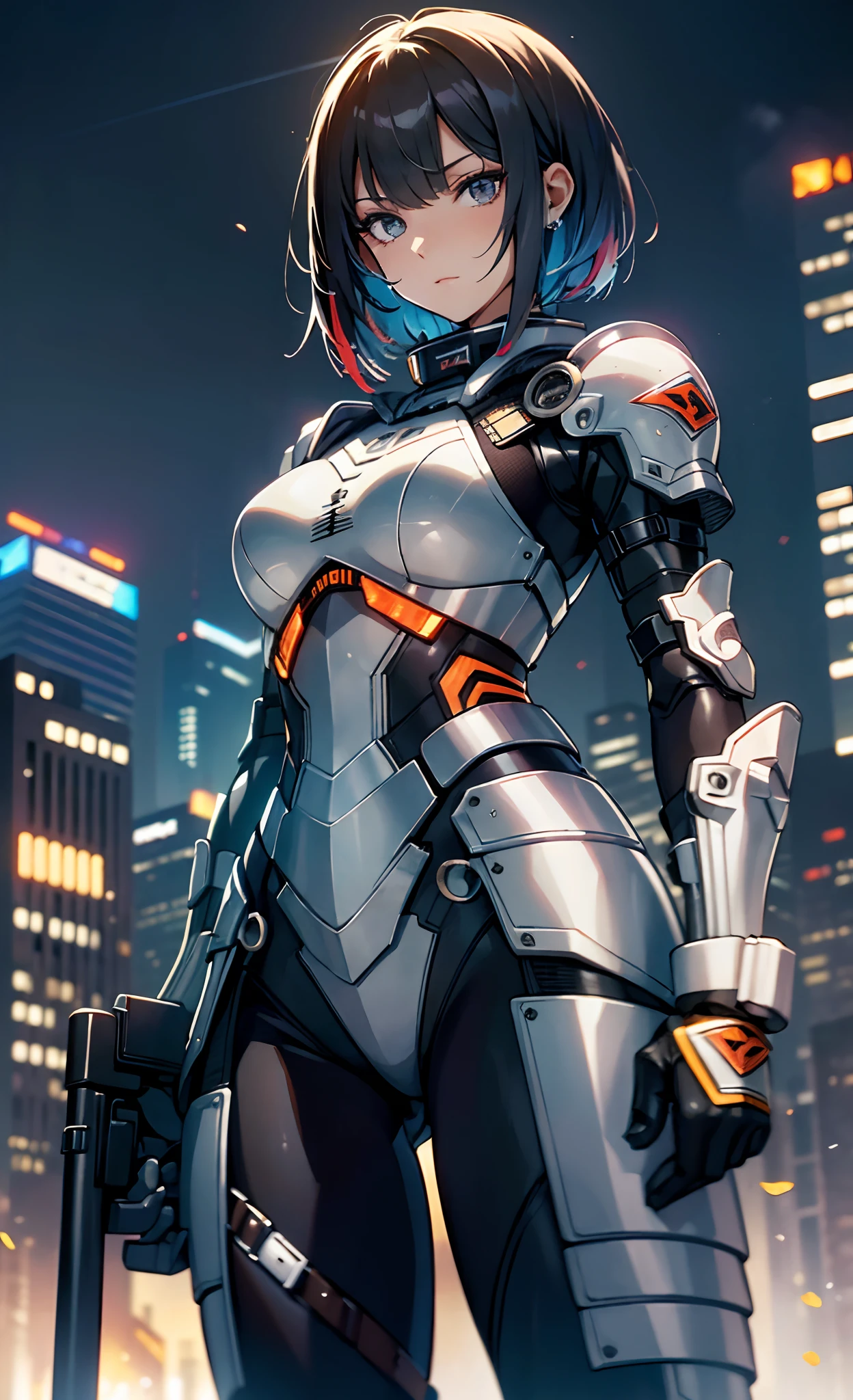 best qualityer,tmasterpiece,Ultimate resolution,downy,Extremely colorful,Colorful,Women combatants,a matural female,Black super short hair,holding gun,Tight combat suit,tightsuit,Steel City background,the night,Normal posture,Normal posture