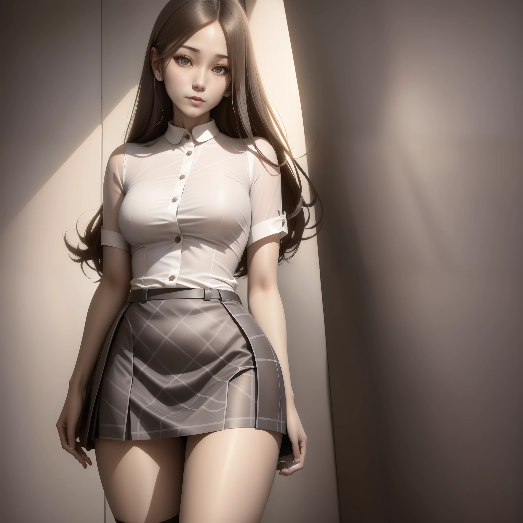 Delicate face，21-year-old girl，long whitr hair，black lence stockings，Medium build，Skirt that wraps hips，White plaid shirt，Don't show anything，Lean against the wall。