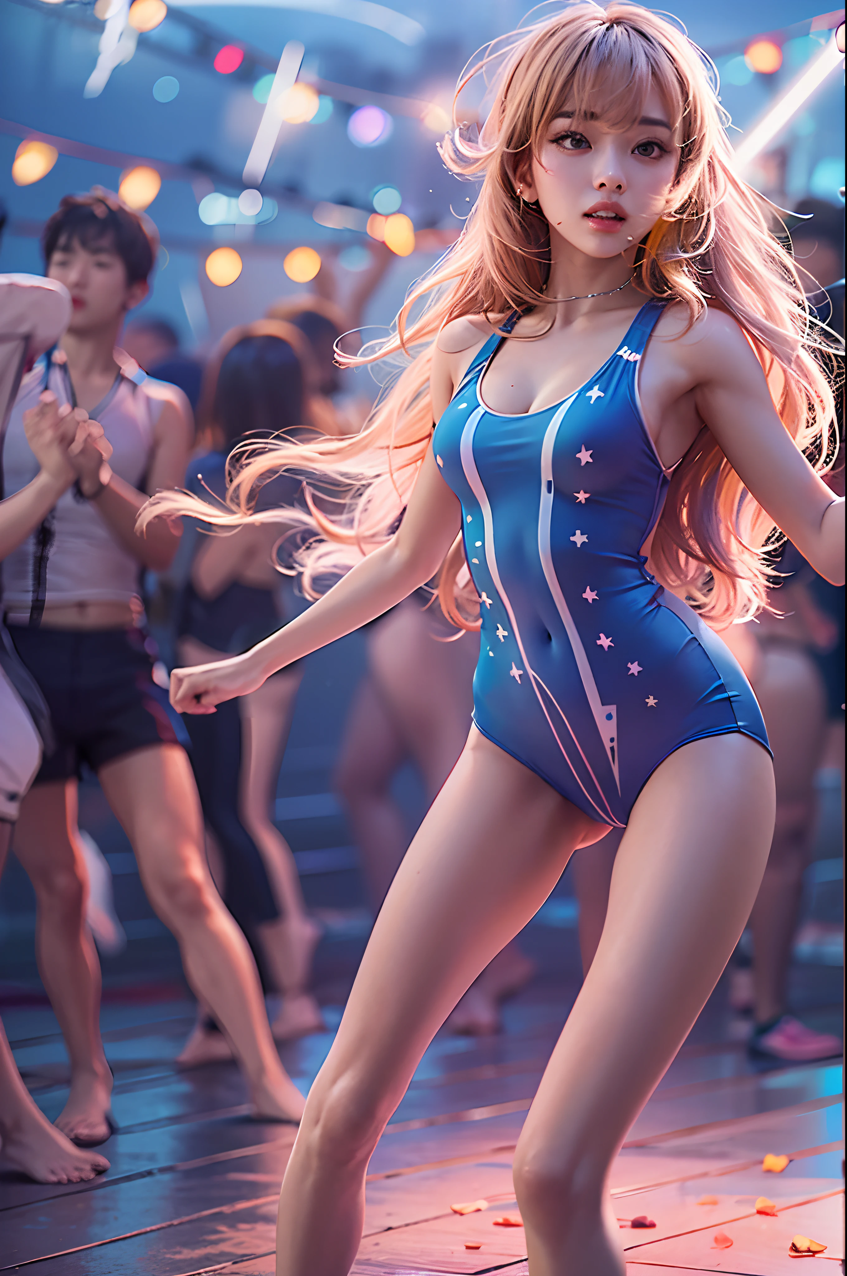 1girl, super beautiful girl, dream girl, wearing a one piece swimsuit, ulzzang, dancing, in the background a party, lightning in the sky, ultra details, ultra realistic, cinematic , octane render, 16k