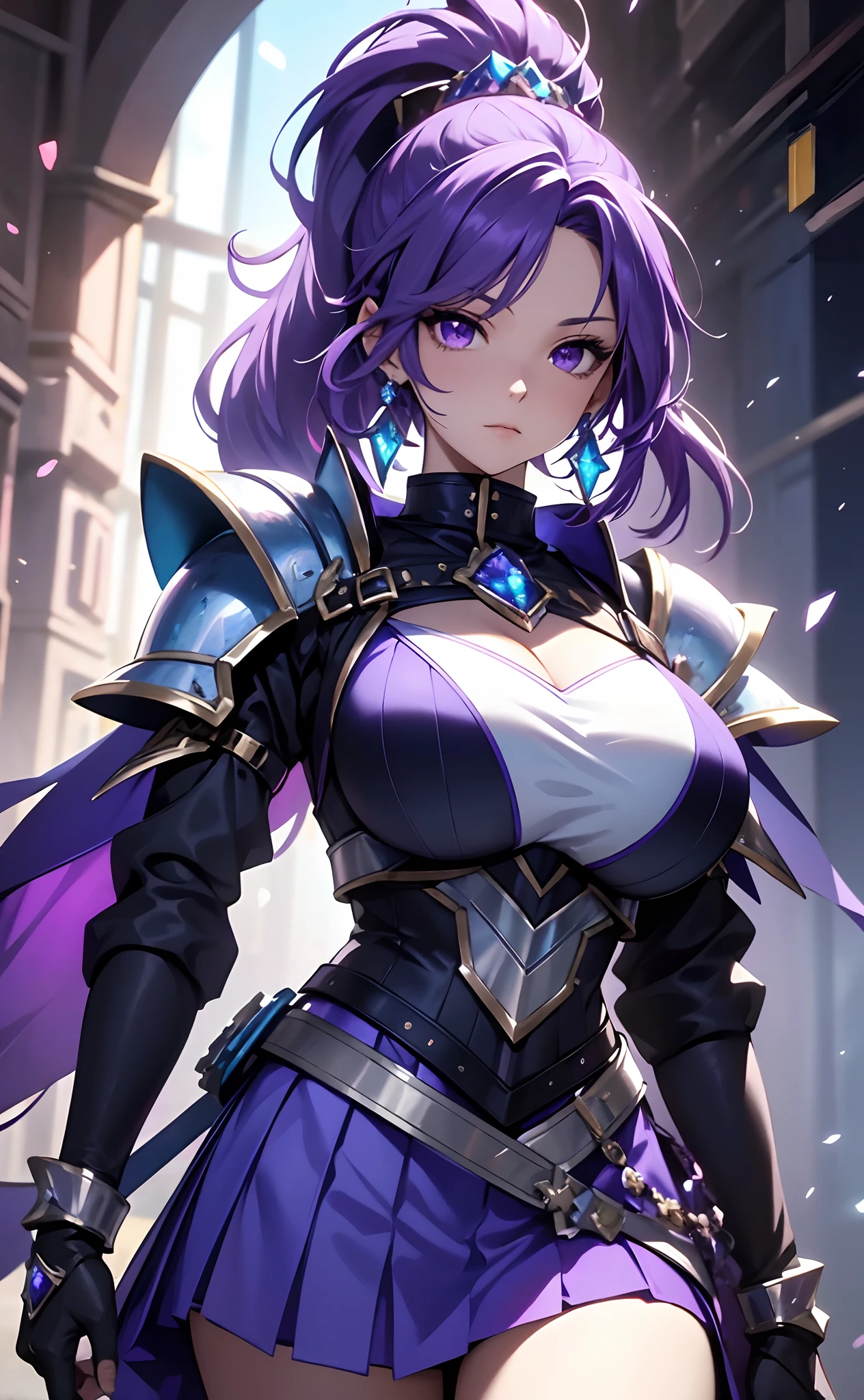 best qualityer,tmasterpiece,Ultimate resolution,downy,Extremely colorful,Colorful,Lady Knight,Royal Sister,Blue-purple armor skirt,huge tit,(Short thin purple hair,High ponytail),Shield set with precious stones,jewelry,Pedras preciosas,Normal posture