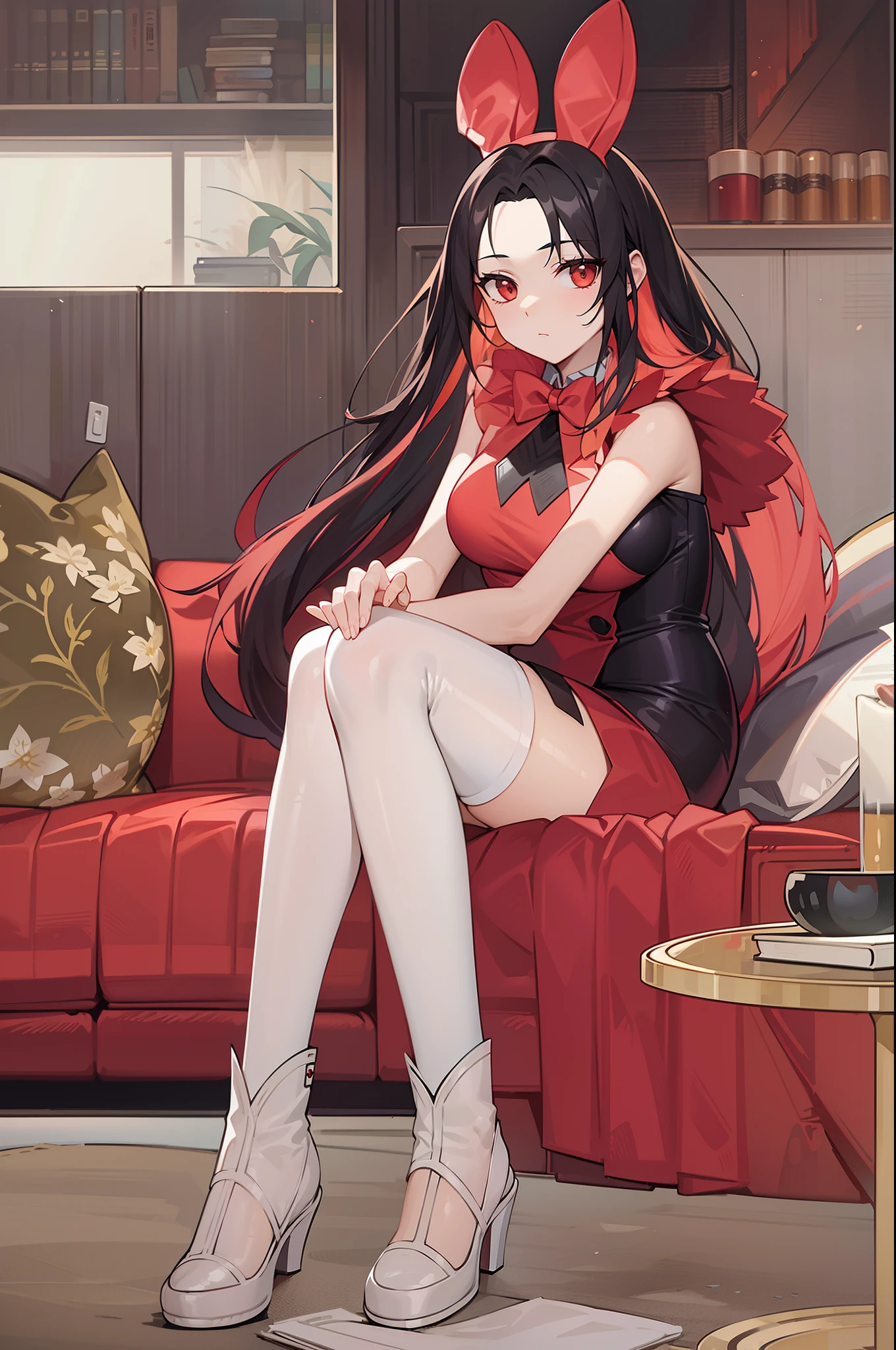 red bunny outfit, black long hair, sit on sofa