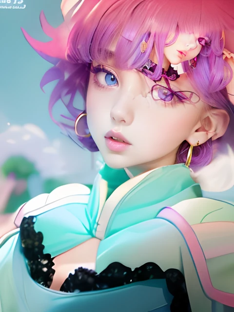 Raised eyebrows、Purple drooping sexy eyes、Sexy lips in dark pink color、Mint green long-sleeved clothes、Big purple drooping eyes with arched eyebrows and pink short splashed hair,,,,、White shoulder pads、Blue bustier and black lace、Gold Earrings、Girl in mint green clothes with open chest