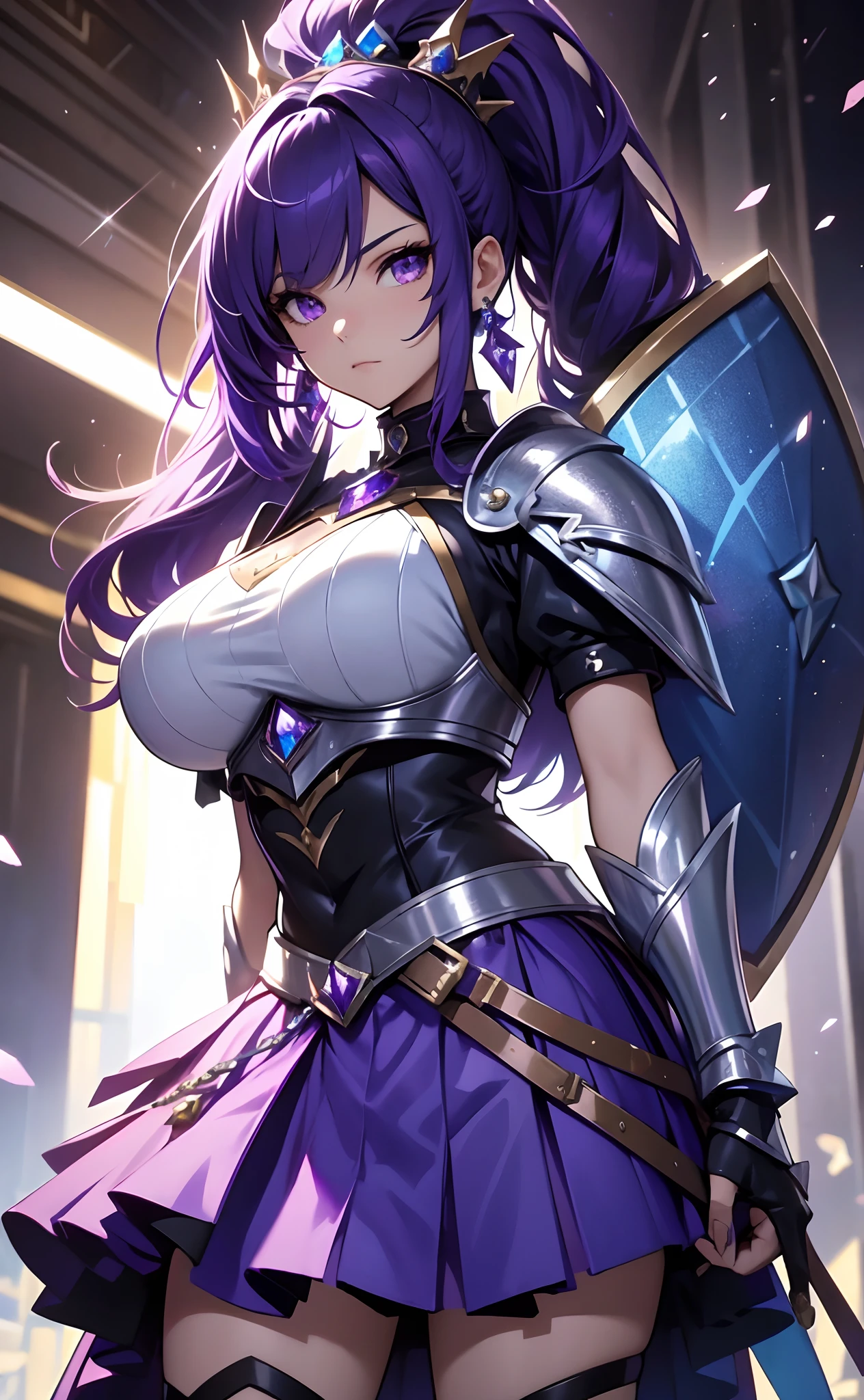 1 beautiful girl,alone,real anime、3D、masterpiece、19 years old,angry face,open your mouth,(((woman&#39;s face))),big breasts、cleavage、Purple armor,purple hair,long hair、ponytail、blue eyes,burning body,(((Flying in the sky at high speed with an extremely forward leaning posture、Coming to the viewer))),(((Attack with a purple magic ball)))