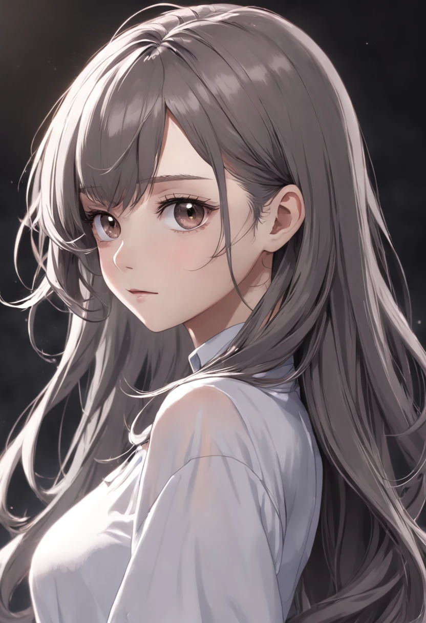 1girl,solo,masterpiece,best quality,ultra-detailed,(brown hair:1.1),blowout hair,(detailed hair details:1.1),grayscale background,(outstanding hair color:1.1),realistic,realistic hair,photos taken with sony cameras,bright hair,(facing the audience:1.1),simple background,(hair is all on a shiny surface:1.3),fine hairline details,(hair highlights:1.2),(hairline highlight:1.1),(hair tip highlight:1.2),(half body photo:1.3),(upper body:1.2),(from the waist up:1.2),(slight gradient color:1.2),hair salon model,background with contrast to hair,facial pores,makeup,