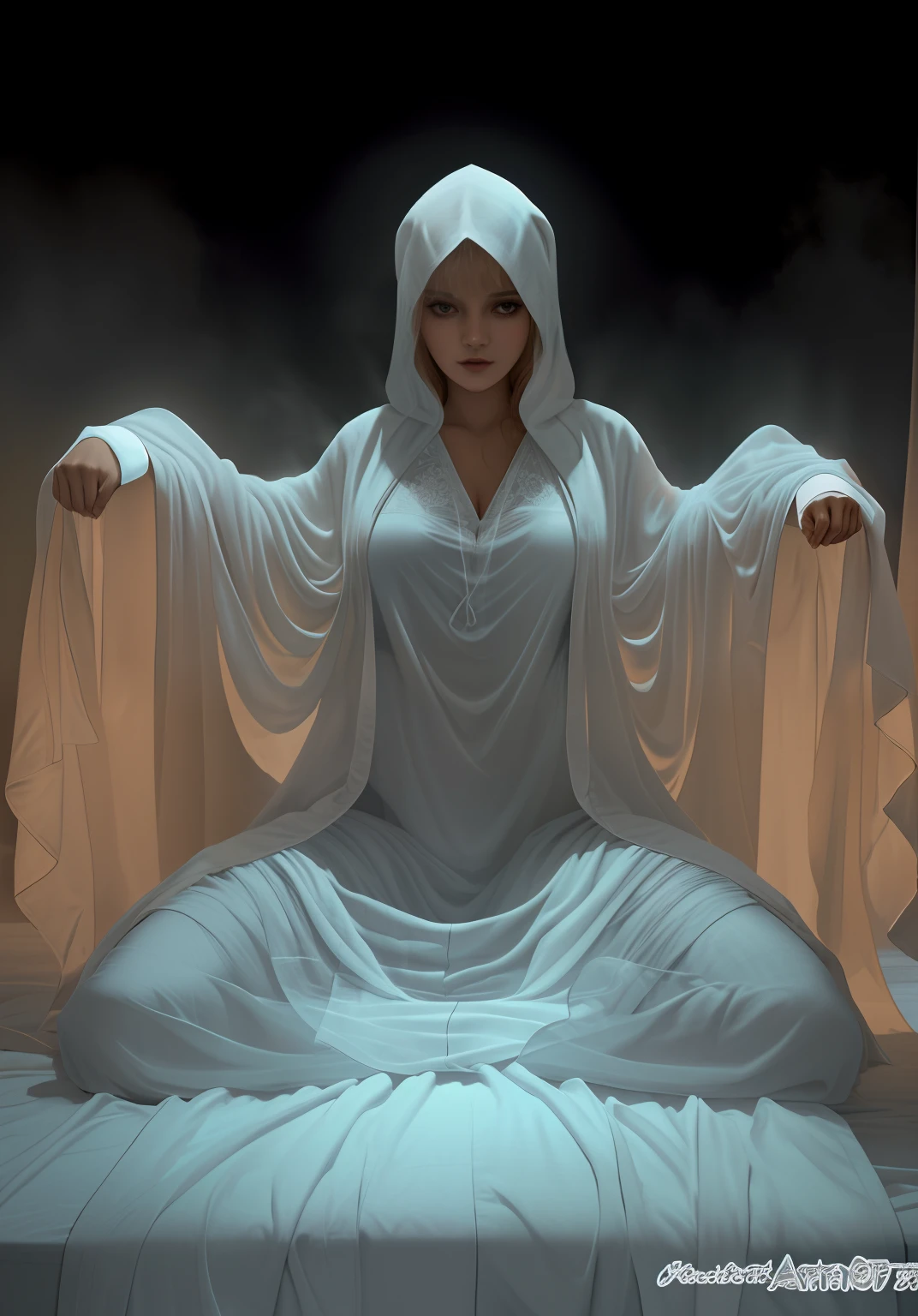 Arafat sat on the bed，Image of a ghost holding a blanket, Spirits covered in drapery, shrouded figure, cloaked woman, Flowing white robe, Flowing robes, Cloaked, fully covered in drapes, covered in robes, wearing a long flowing robe, surreal hooded figure, draped in transparent cloth, robed, halloween ghost under a sheet