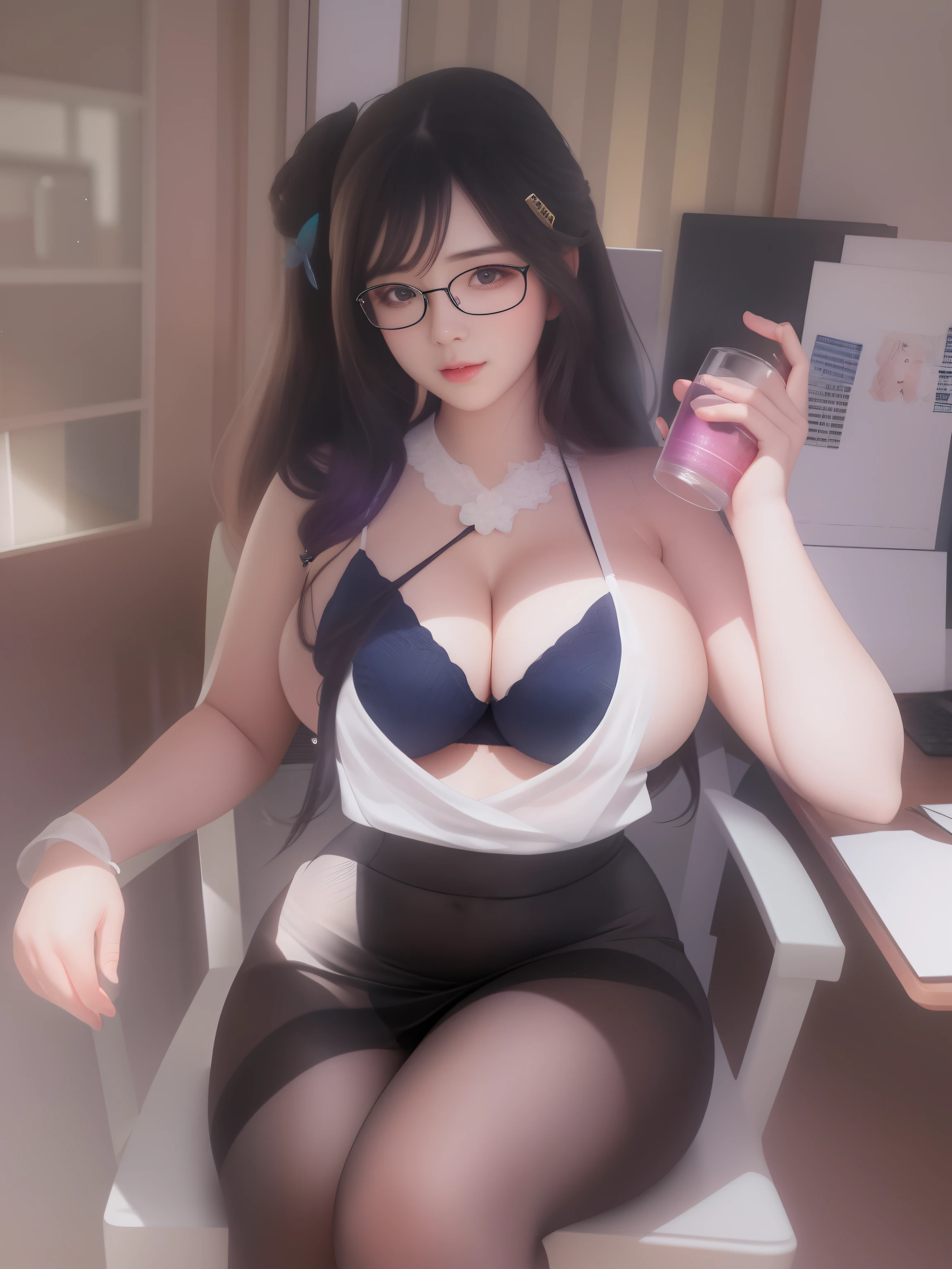 there is a woman sitting in a chair holding a cup, (sfw) safe for work, bbwchan, plus size breast, professional cosplay, sakimichan, japanese goddess, with glasses, angelawhite, shikamimi, nerdy, thicc, cosplay, anime girl cosplay, in the office, 奈良美智, 8k, best quality, realistic, photorealistic, extremly detailed, an extremely delicate and beautiful, RAW photo, professional lighting, light on face, real face, real skin, realistic face, realistic skin, detailed eyes, detailed facial features,
detailed clothes features, beautiful eyes, detailed face and breast,
(pureerosface_v1:0.33), (ulzzang-6500:0.33),
