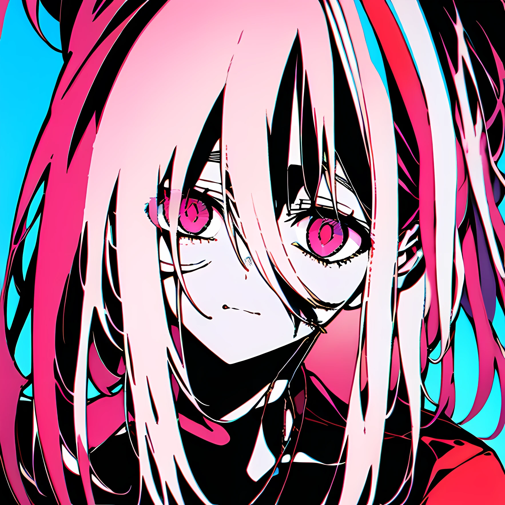 "High quality dark horror pfp with an anime aesthetic. Intense psychological horror vibes with detailed breakcore-inspired eyes. Incorporate abstract elements and emphasize red tones. Characters with white hair and intense orange eyes."