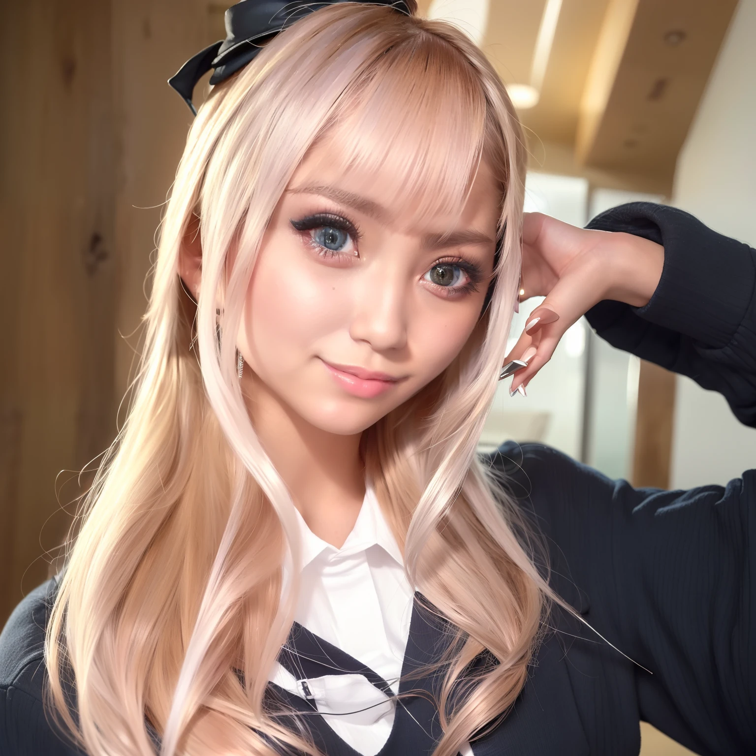 8K,The ultra -The high-definition,top-quality,masterpiece,masuter piece,Photoreal Stick,(女の子1人:1.2),a blond,Beautiful facial features,big eye,skin tanned,hi-school girl,(Close-up of face),smile,(school uniform),(No pause:1.3)