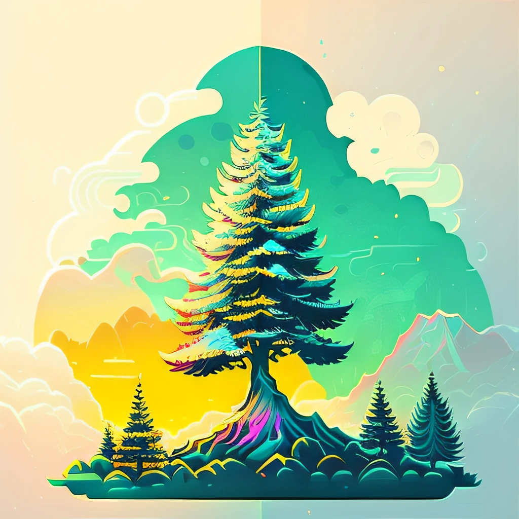 There is a picture of a tree on the mountain，In the background are the sky, beautiful pine tree landscape, A beautiful artwork illustration, low details. Digital painting, Stylized digital illustration, Landscape illustration, in style of digital illustration, Detailed 2D illustration, 2d matte illustration, stylised painting, symmetrical fantasy landscape, Vector Behance HD Jesper Ejsing, procreate illustration