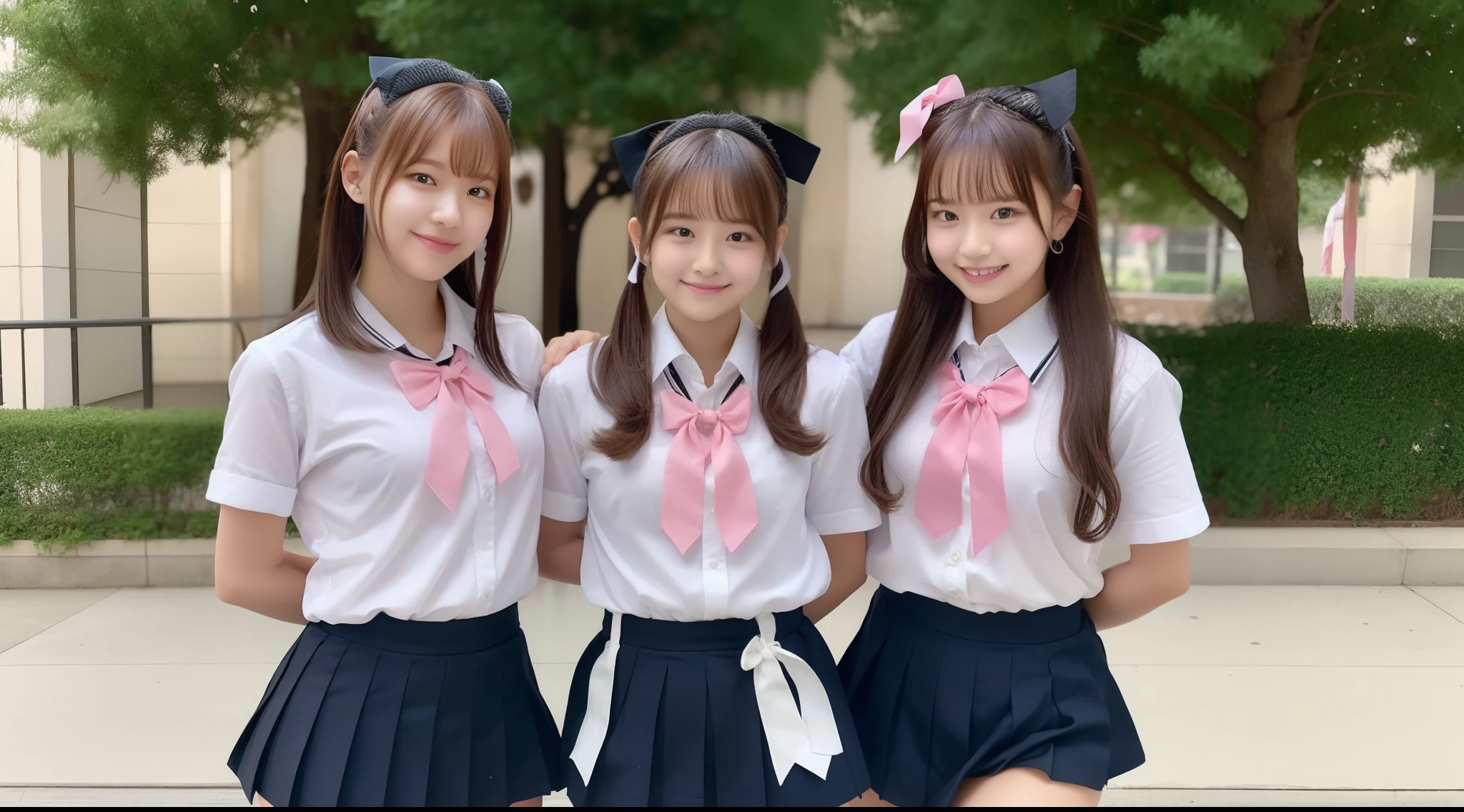 Miniskirt schoolgirl 18 years old in white shirt and pink ribbon