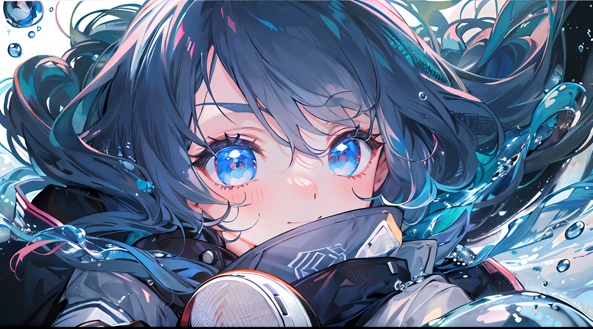 ((top-quality)), ((masterpiece)), ((ultra-detailliert)), (extremely delicate and beautiful), girl with, 独奏, cold attitude,((Black jacket)),She is very(relax)with the(Settled down)Looks,A dark-haired, depth of fields,evil smile,Bubble, under the water, Air bubble,bright light blue eyes,Inner color with light blue hair and dark blue tips,Cold background,Bob Hair - Linear Art, shortpants、knee high socks、White uniform like school uniform、Light blue ribbon ties、Clothes are sheer、Hands in pockets