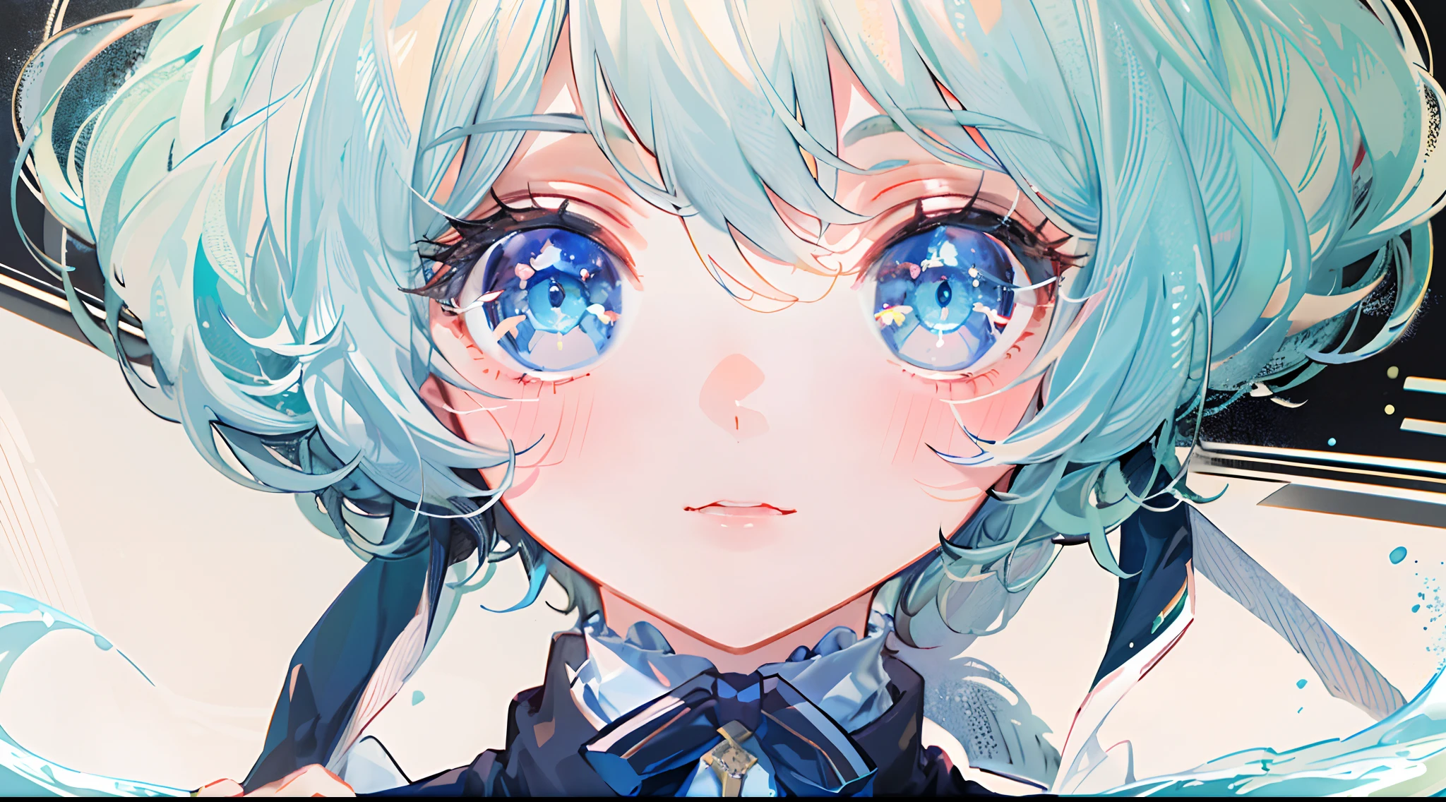 ((top-quality)), ((masterpiece)), ((ultra-detailliert)), (extremely delicate and beautiful), girl with, 独奏, cold attitude,((Black jacket)),She is very(relax)with the(Settled down)Looks,A dark-haired, depth of fields,evil smile,Bubble, under the water, Air bubble,bright light blue eyes,Inner color with light blue hair and dark blue tips,Cold background,Bob Hair - Linear Art, shortpants、knee high socks、White uniform like school uniform、Light blue ribbon ties、Clothes are sheer、Hands in pockets