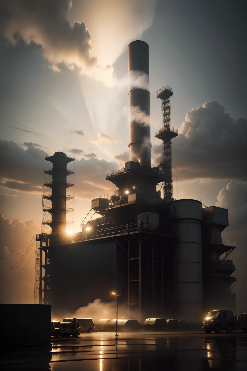 Realistic industry with dark background a soybean plantation in front