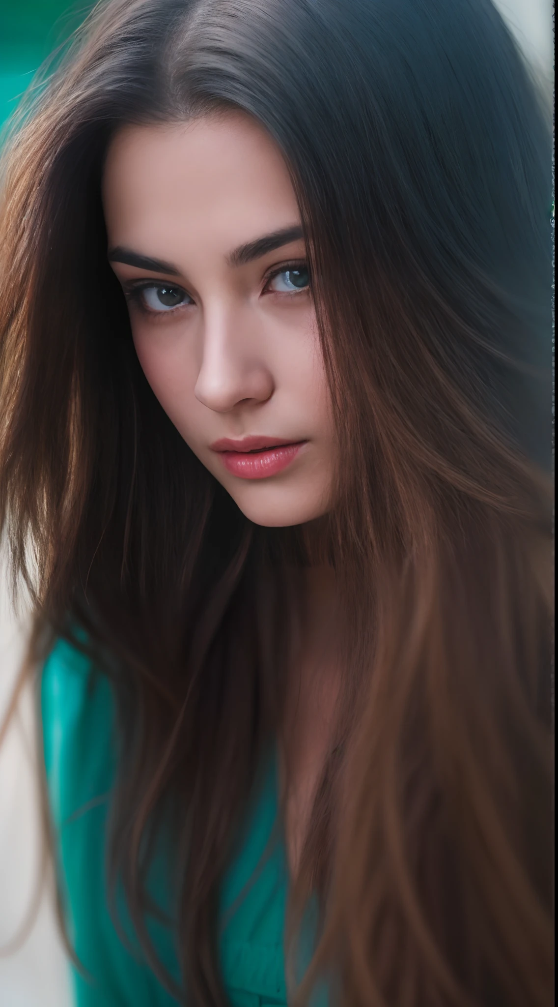 a close up of a person with long hair, girl with brown hair, teal cinematic photography,attractive brown hair woman, brunette woman, portrait featured on unsplash, aenami alena, photo of young woman, beautiful female face, long wavy brunette hair, beautiful woman face, attractive young woman, teal cinematic lit,young woman's face, long brunette hair, a cute young woman, beautiful feminine face