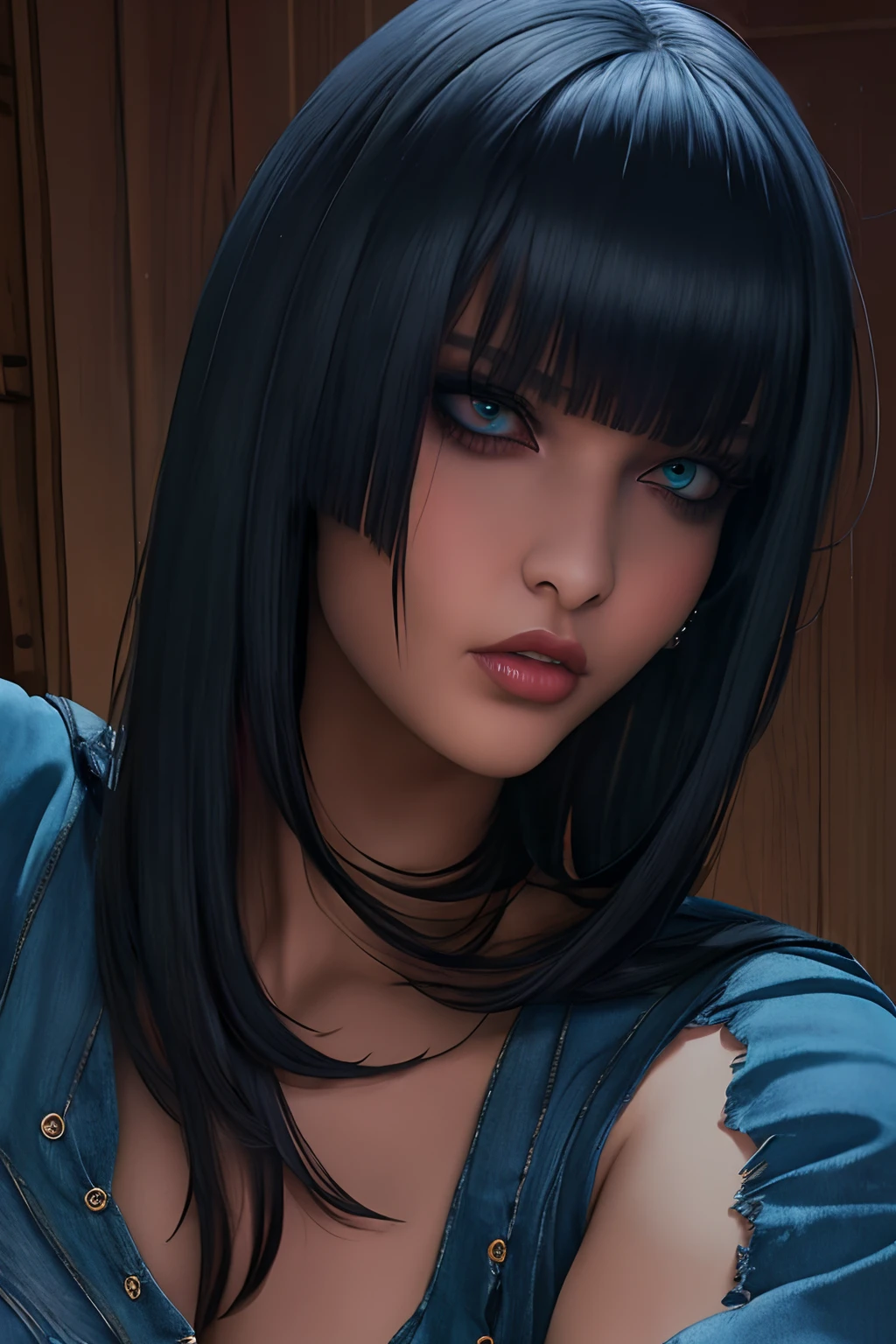 night, long blunt bangs, dark, blue cutoff jeans, Woman, (emo, gothic, dark), dark clothing,  portrait, standing,