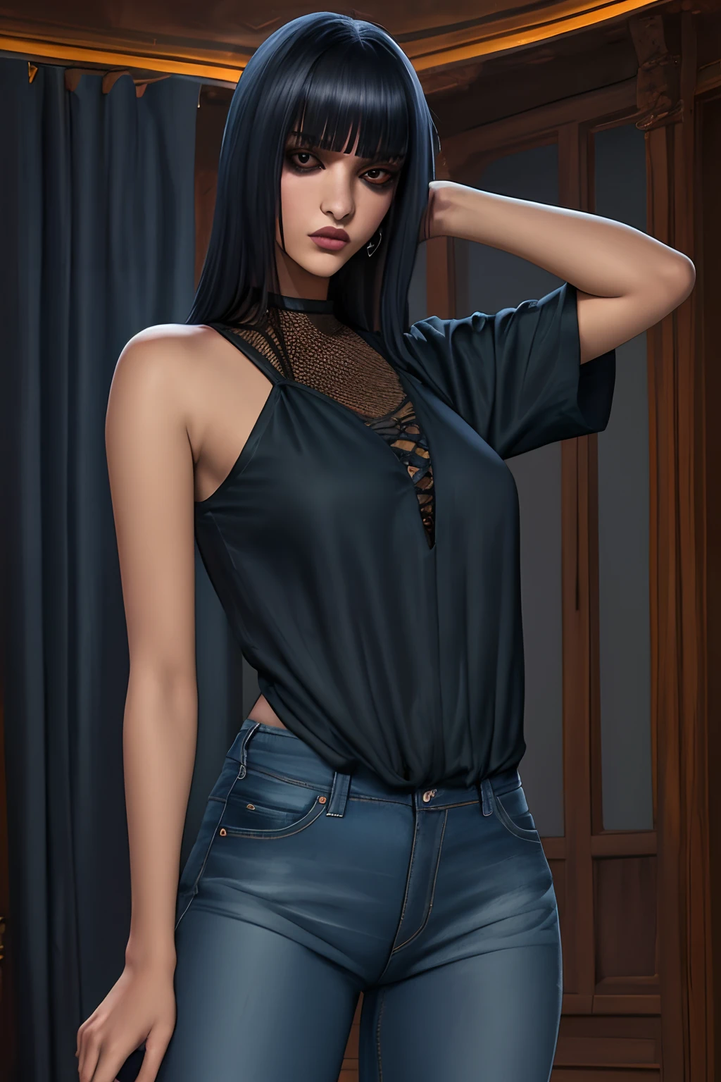 night, long blunt bangs, dark, blue cutoff jeans, Woman, (emo, gothic, dark), dark clothing,  portrait, standing,