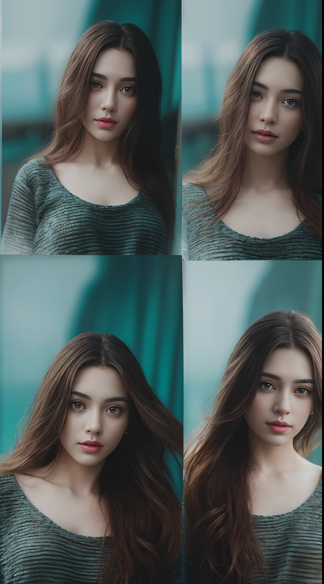 a close up of a person with long hair, girl with brown hair, teal cinematic photography,attractive brown hair woman, brunette woman, portrait featured on unsplash, aenami alena, photo of young woman, beautiful female face, long wavy brunette hair, beautiful woman face, attractive young woman, teal cinematic lit,young woman's face, long brunette hair, a cute young woman, beautiful feminine face