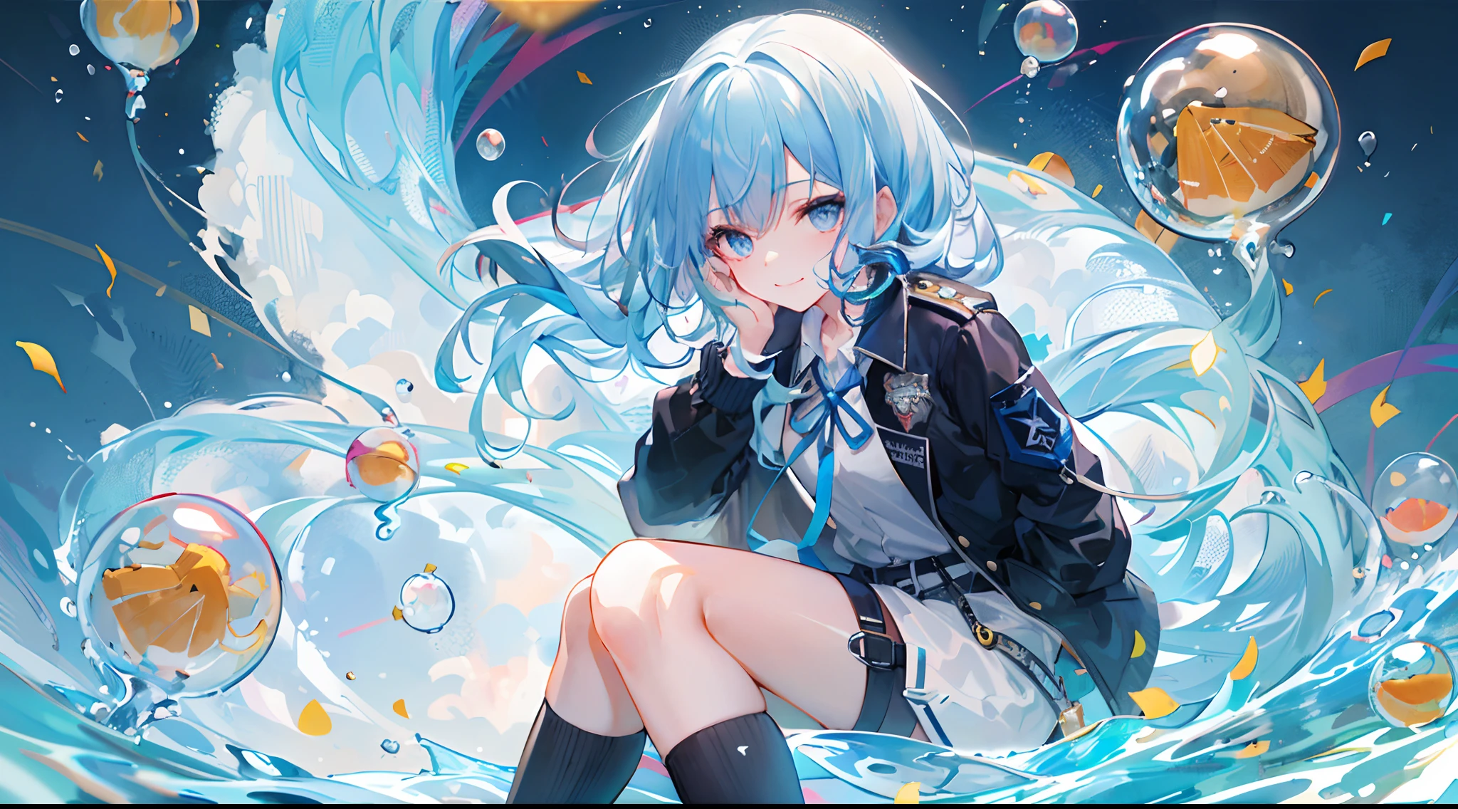 ((top-quality)), ((masterpiece)), ((ultra-detailliert)), (extremely delicate and beautiful), girl with, 独奏, cold attitude,((Black jacket)),She is very(relax)with the(Settled down)Looks,A dark-haired, depth of fields,evil smile,Bubble, under the water, Air bubble,bright light blue eyes,Inner color with light blue hair and dark blue tips,Cold background,Bob Hair - Linear Art, shortpants、knee high socks、White uniform like school uniform、Light blue ribbon ties、Clothes are sheer、Hands in pockets