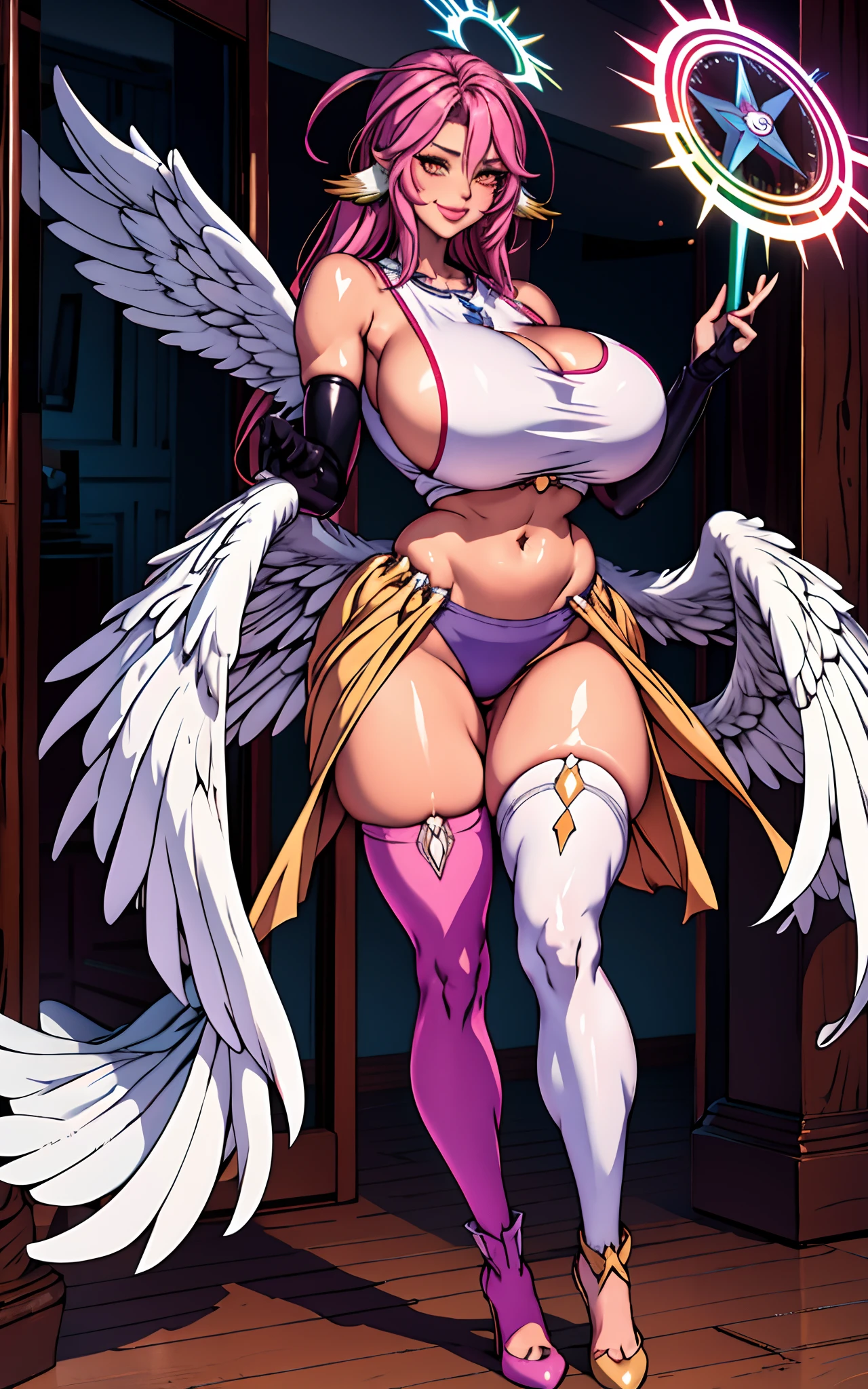 jibril 1girl, solo, long hair, breasts, sideboob, halo, pink hair, pink stocking, low wings, compass rose halo, wings, navel, book, gloves, bird ears, midriff, magic circle, asymmetrical legwear, angel, angel wings, animal ears, very long hair, yellow eyes, white wings, large breasts, mismatched legwear, single shoe, feathered wings, orange eyes, shoes, multicolored eyes, thighhighs, crop top, cross, multicolored hair, gradient hair, looking at viewer,, smile ,walking