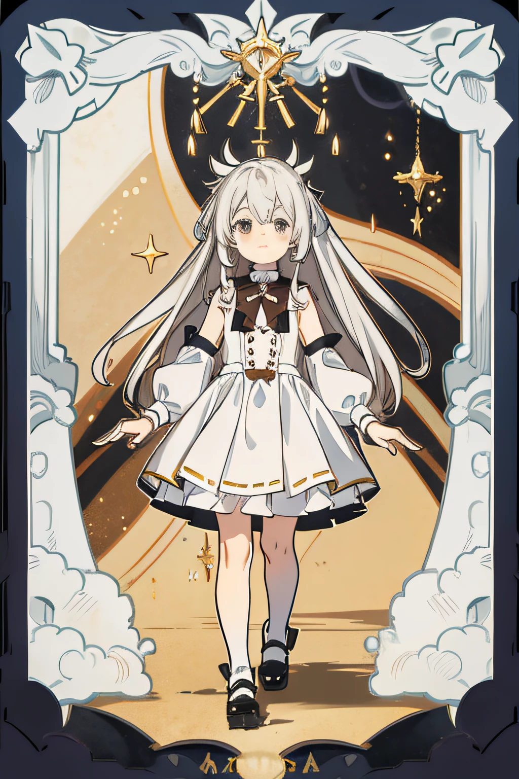 Long-haired little ,Sepia body,Has long silver-white hair,It's a six-year-old girl,It's a brown girl