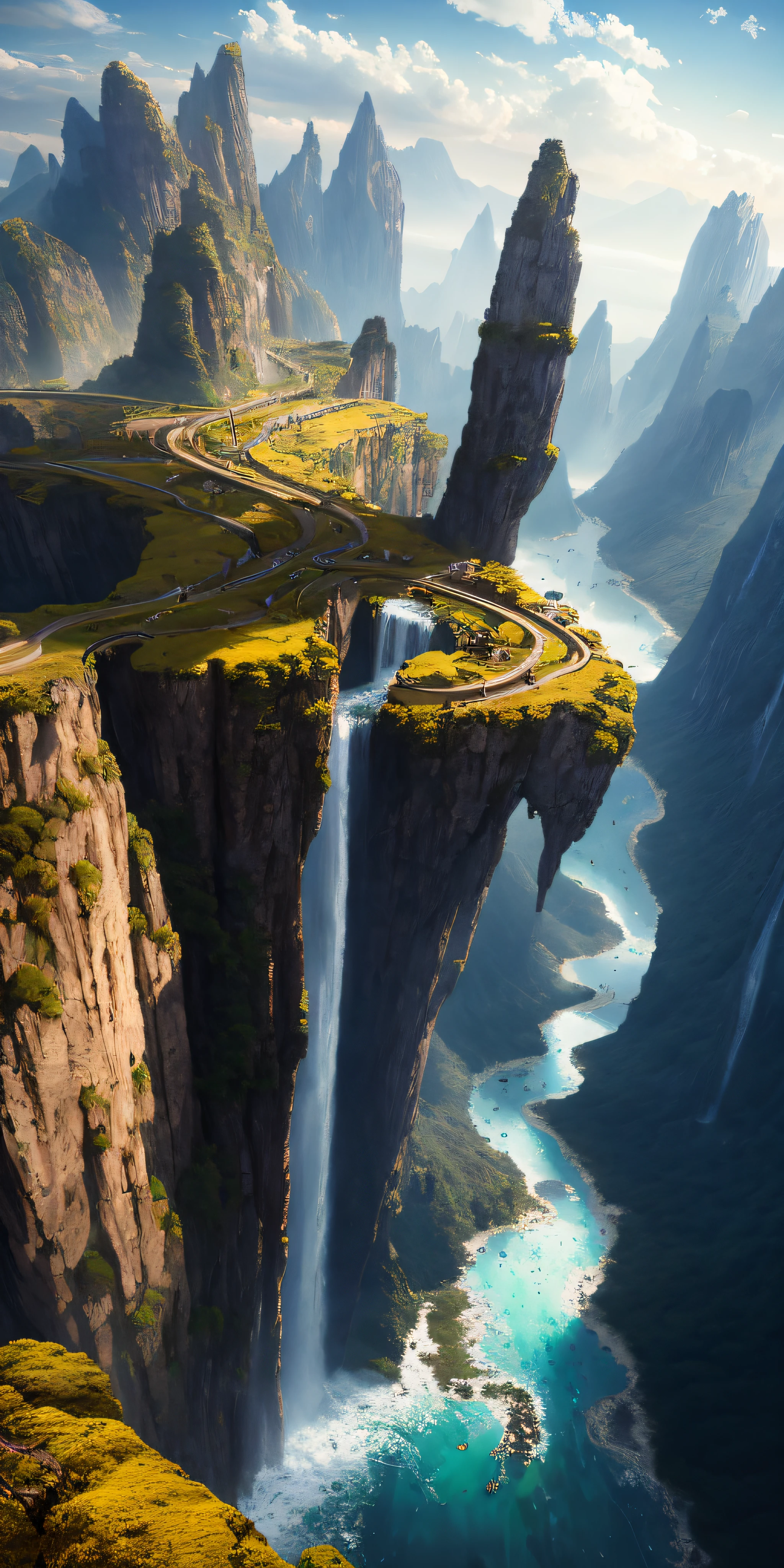Masterpiece, best quality, high quality, extremely detailed CG unity 8k wallpaper, landscape, outdoor, sky, clouds, sky, no humans, mountain, landscape, water, tree, blue sky, waterfall, cliff, nature, lake, river , cloudy skies, award winning photography, bokeh, depth of field, HDR, bloom, chromatic aberration, photorealism, very detailed, trending on artstation, trending on CGsociety, intricate, high detail, dramatic, half way art